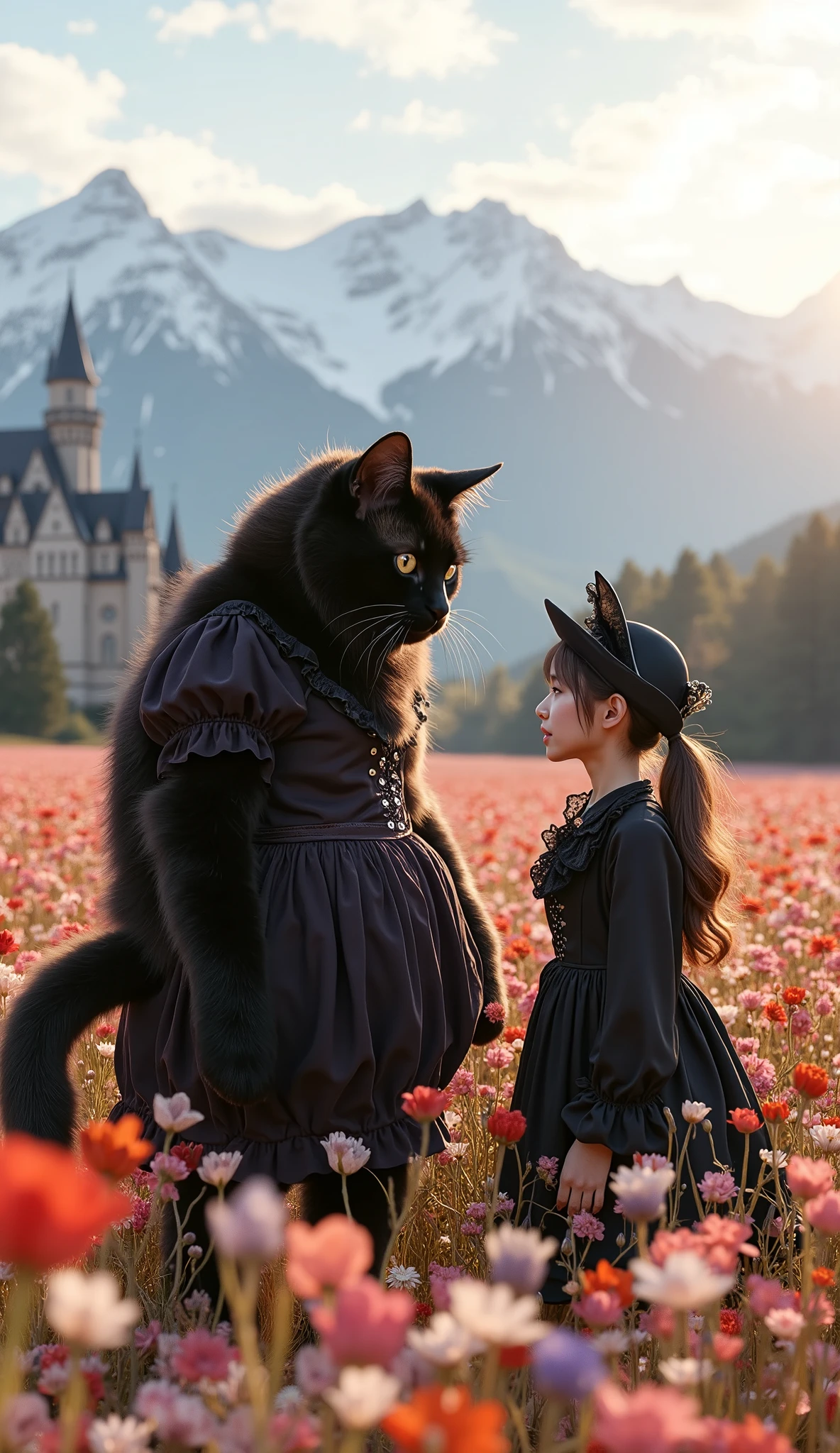 ultra-realistic, photorealistic, dramatic scene, shadow, global-illumination, 1 girl\( 20 years old Japanese beautiful woman, beautiful with cute face, wearing a black with purple accent gothic ta costume, long twin tails, slight opened mouth\), 1 human-like giant black cat\( human-like giant black cat, big, tall, large face, wearing a very cute gothic loliostume, gothic lolita d, gothic styled hat, slight taller than the girl, chubby\), the woman and human-like giant black cat are standing in the middle of flower field, they are enjoying their holiday with gothic lolita cosplg, they are surrounded by many kind of flowers in full bloom, enveloped in a dreamy atmosphere, amazing view of vast flower field with European old castle with snow mountains, spectacular view of sunset with pink and purple sky