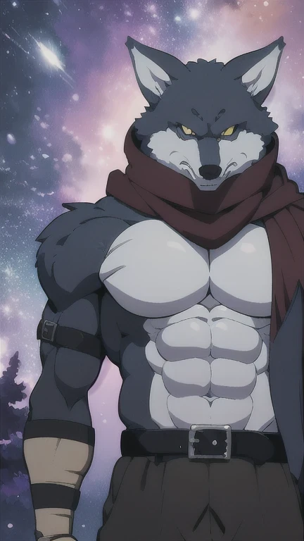 Bergamo _., posing for the camera , Presume. 4k, High resolution, the best quality , published in e621 , Alone, anthropogenic body , man , , man , (Correcting the muscles , detailed muscles , very muscular, broad chest, pectorals, biceped:1.1), correct anatomy , correct proportions, Anatomy of the Taran ,, (Space clouds, galaxy, stars:1.0), (by WFA, por taran fiddler:1.0), (by black:0.8), (shaded cell:1.2), cartoon shading, trustworthy , strong, (Long wolf tail :1.0), (pantalones, belt:1.1), ( half black :1.2), (Detailed Bergamo _Eyes of .:1.1), pose strong, looking at the camera , scarf, pose strong, bare chest intense colors, yellow eyes , fluffy wolf tail