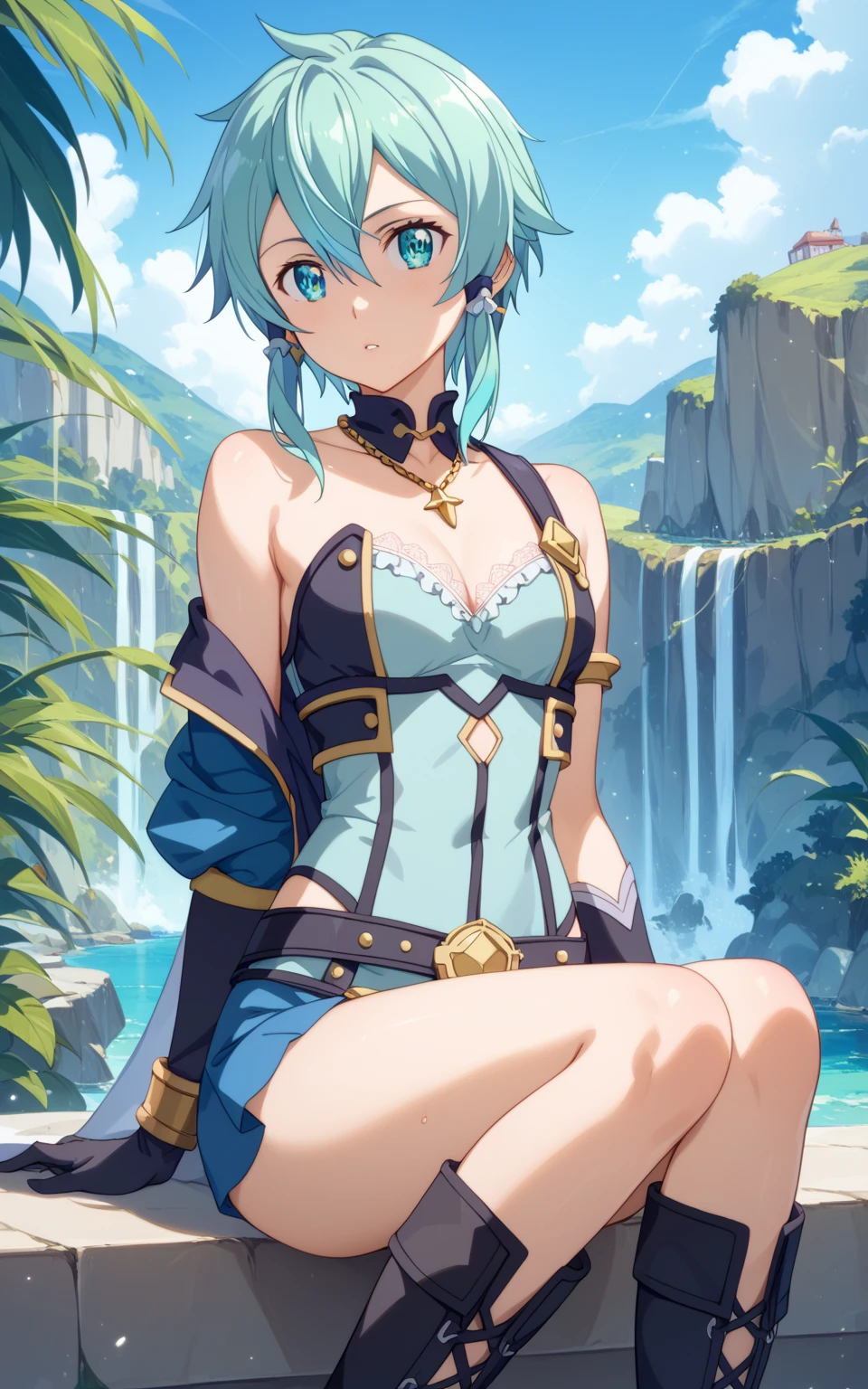 (Very good image quality), 1 girl Emerald green hair, long twin tails hair, back braid, low braid, bangs covering one eye, white veil, beret, silver tiara, yellow eyes, black fold, (chain) (bracelet with chain), (leg rings with chains)(chain connected to the wall), fully extended arms, fully extended legs, magical girl, off-shoulder, Kimono over bikini,pleated skirt, spreading skirt, bikini that can be worn inside, lace fabric bikini, black bikini, garter belt, Thigh-high socks, exhaustion, blushing, sweatyumekawa,yumekawaii,pastel color,(wonderland garden:1.3),rainbow waterfall,dripping ink,imagination,(Castle:1.4),