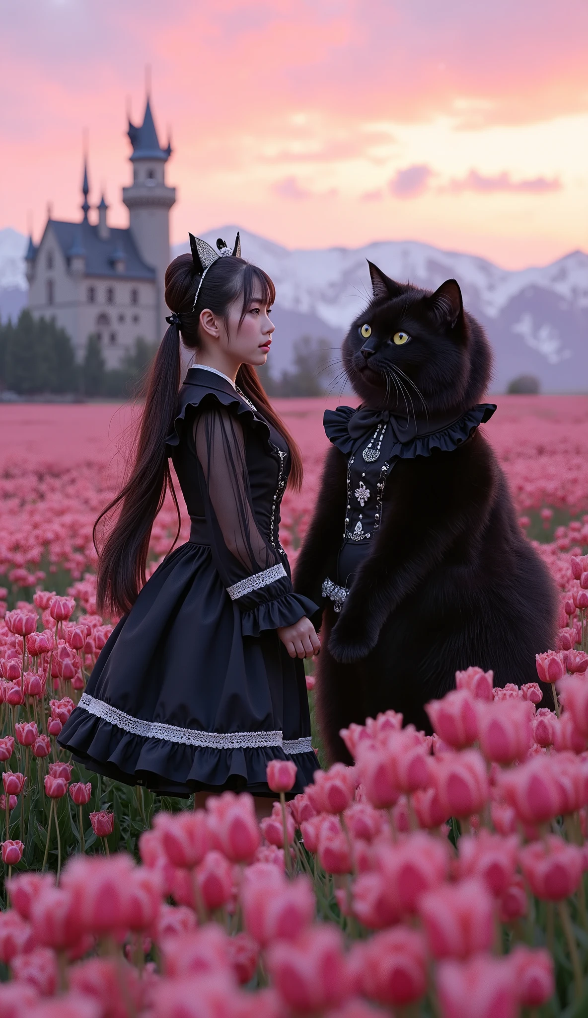 ultra-realistic, photorealistic, dramatic scene, shadow, global-illumination, 1 girl\( 20 years old Japanese beautiful woman, beautiful with cute face, wearing a black with white gothic ta costume, long twin tails, slight opened mouth, holding a parasol with a gorgeous gothic loliecoration\), 1 human-like giant black cat\( human-like giant black cat, big, tall, large face, wearing a very cute gothic lolita cme, gothic lolita dressthic styled hat, slight taller than the girl, chubby\), the woman and human-like giant black cat are standing in the middle of flower field, they are enjoying their holiday with gothic lolita cosplayinhey are surrounded by many kind of flowers in full bloom, enveloped in a dreamy atmosphere, amazing view of vast flower field with European old castle with snow mountains, spectacular view of sunset with pink and purple sky