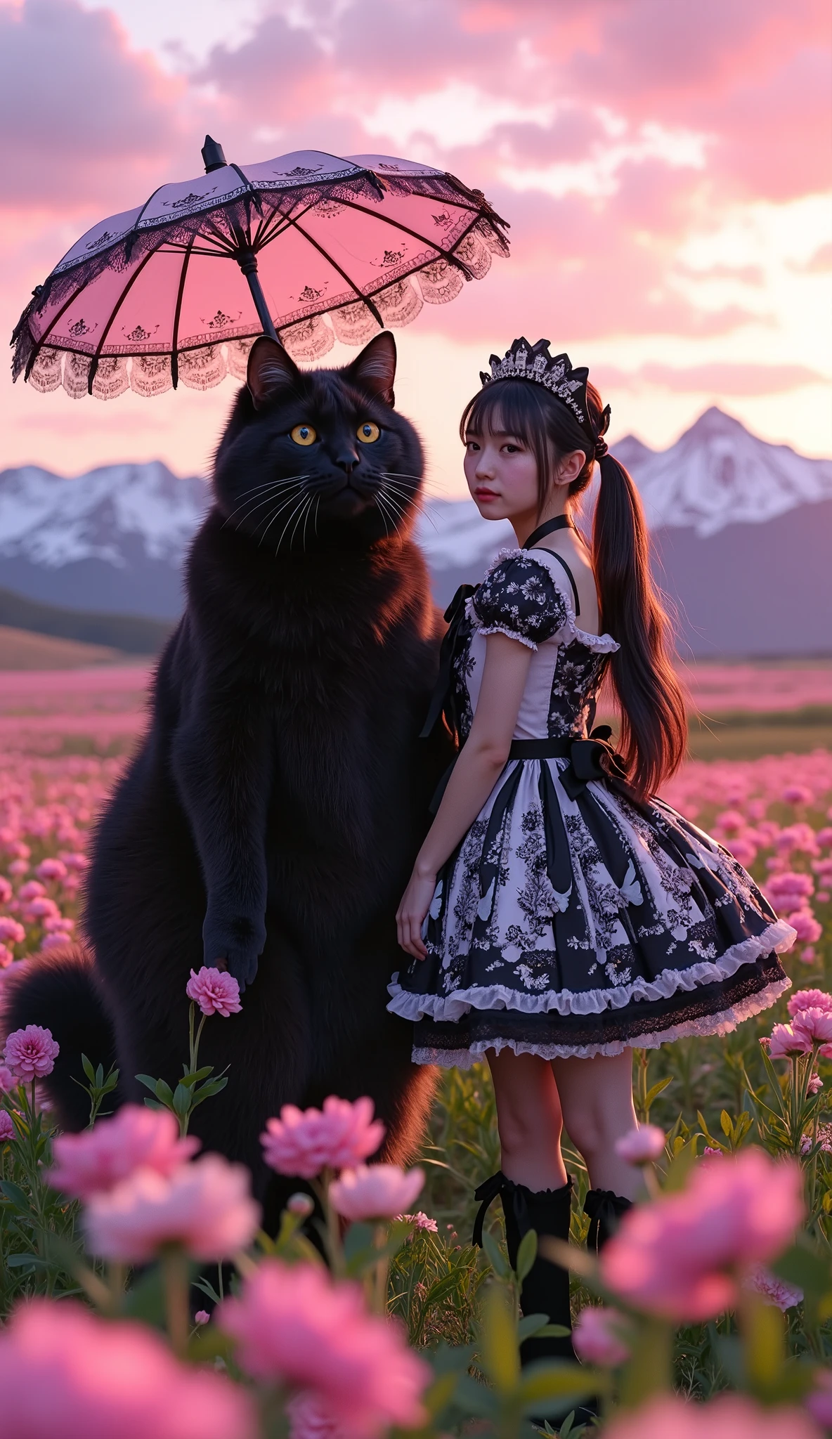 ultra-realistic, photorealistic, dramatic scene, shadow, global-illumination, 1 girl\( 20 years old Japanese beautiful woman, beautiful with cute face, wearing a black with white gothic ta costume, long twin tails, slight opened mouth, holding a parasol with a gorgeous gothic loliecoration\), 1 human-like giant black cat\( human-like giant black cat, big, tall, large face, wearing a very cute gothic lolita cme, gothic lolita dressthic styled hat, slight taller than the girl, chubby\), the woman and human-like giant black cat are standing in the middle of flower field, they are enjoying their holiday with gothic lolita cosplayinhey are surrounded by many kind of flowers in full bloom, enveloped in a dreamy atmosphere, amazing view of vast flower field with European old castle with snow mountains, spectacular view of sunset with pink and purple sky