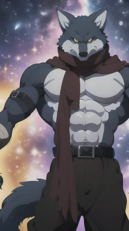 Bergamo _., posing for the camera , Presume. 4k, High resolution, the best quality , published in e621 , Alone, anthropogenic body , man , , man , (Correcting the muscles , detailed muscles , very muscular, broad chest, pectorals, biceped:1.1), correct anatomy , correct proportions, Anatomy of the Taran ,, (Space clouds, galaxy, stars:1.0), (by WFA, por taran fiddler:1.0), (by black:0.8), (shaded cell:1.2), cartoon shading, trustworthy , strong, (Long wolf tail :1.0), (pantalones, belt:1.1), ( half black :1.2), (Detailed Bergamo _Eyes of .:1.1), pose strong, looking at the camera , scarf, pose strong, bare chest intense colors, yellow eyes , fluffy wolf tail , lump in groin