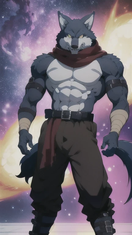 Bergamo  _.,   posing for the camera  , Presume. 4k,   High resolution,   the best quality  ,  published in e621 , Alone,   anthropogenic body  ,  man , ,  man , (Correcting the muscles  ,   detailed muscles  ,   very muscular, broad chest, pectorals, biceped:1.1),   correct anatomy  ,   correct proportions, Anatomy of the Taran  ,, (Space clouds, galaxy, stars:1.0), (by WFA, por taran fiddler:1.0), (by black:0.8), (shaded cell:1.2),  cartoon shading, trustworthy , strong, (Long wolf tail :1.0), (pantalones,  belt:1.1), ( half black :1.2), (Detailed Bergamo  _Eyes of .:1.1), pose strong,   looking at the camera  , scarf, pose strong,   bare chest intense colors,   yellow eyes  ,   fluffy wolf tail , lump in groin  