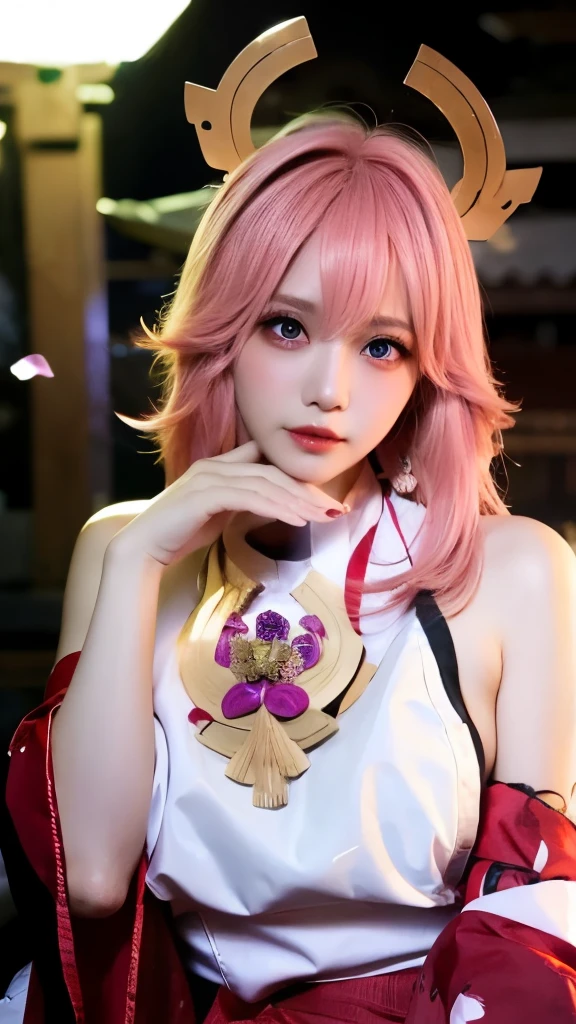 masterpiece, best quality,(Kpop idol), masterpiece, best quality,official art,(8k, best quality, masterpiece:1.2), (realistic, photo-realistic:1.37), ultra-detailed,(realistic humid skin:1.3),(detailed face), detailed eyes,(aegyo sal:1),physically-based rendering,RAW photo,photon mapping, radiosity,detached sleeves,japanese clothes,gradient hair ,bare shoulders,detached sleeves,hair ornament,depth of field,jewelry, purple eyes, earrings,, large breasts, torii,shrine,cherry blossoms,upper body, Cherry tree