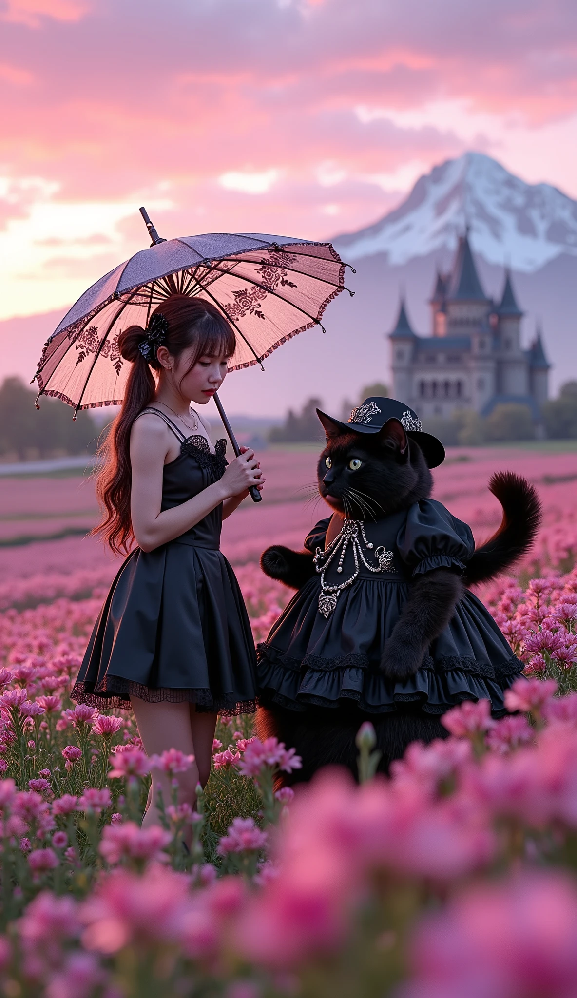 ultra-realistic, photorealistic, dramatic scene, shadow, global-illumination, 1 girl\( 20 years old Japanese beautiful woman, beautiful with cute face, wearing a black with white gothic ta costume, long twin tails, slight opened mouth, holding a parasol with a gorgeous gothic loliecoration\), 1 human-like giant black cat\( human-like giant black cat, big, tall, large face, wearing a very cute gothic lolita cme, gothic lolita dressthic styled hat, slight taller than the girl, chubby\), the woman and human-like giant black cat are standing in the middle of flower field, they are enjoying their holiday with gothic lolita cosplayinhey are surrounded by many kind of flowers in full bloom, enveloped in a dreamy atmosphere, amazing view of vast flower field with European old castle with snow mountains, spectacular view of sunset with pink and purple sky