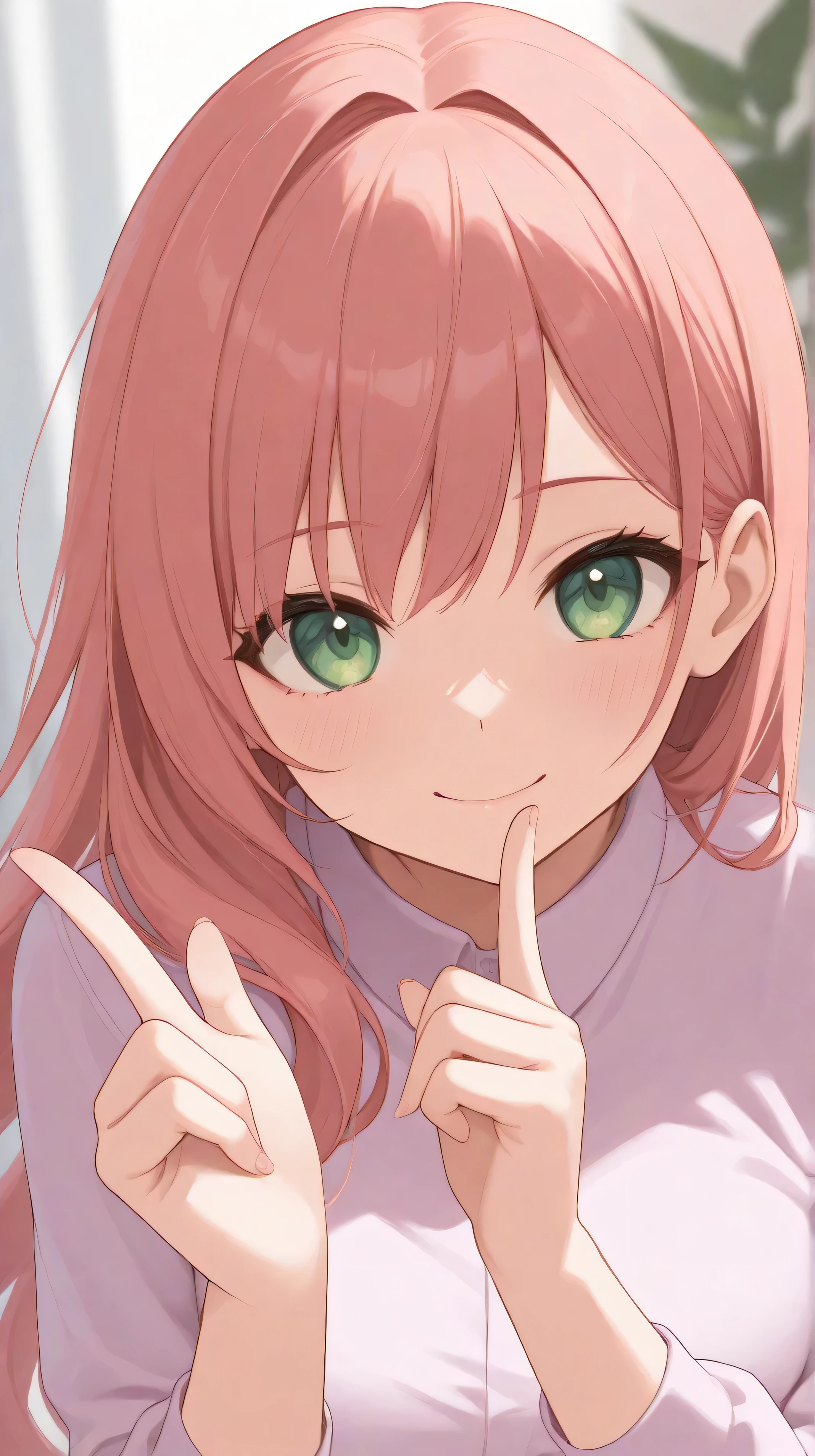 Anime girl with pink hair and green eyes pointing at her finger - SeaArt AI