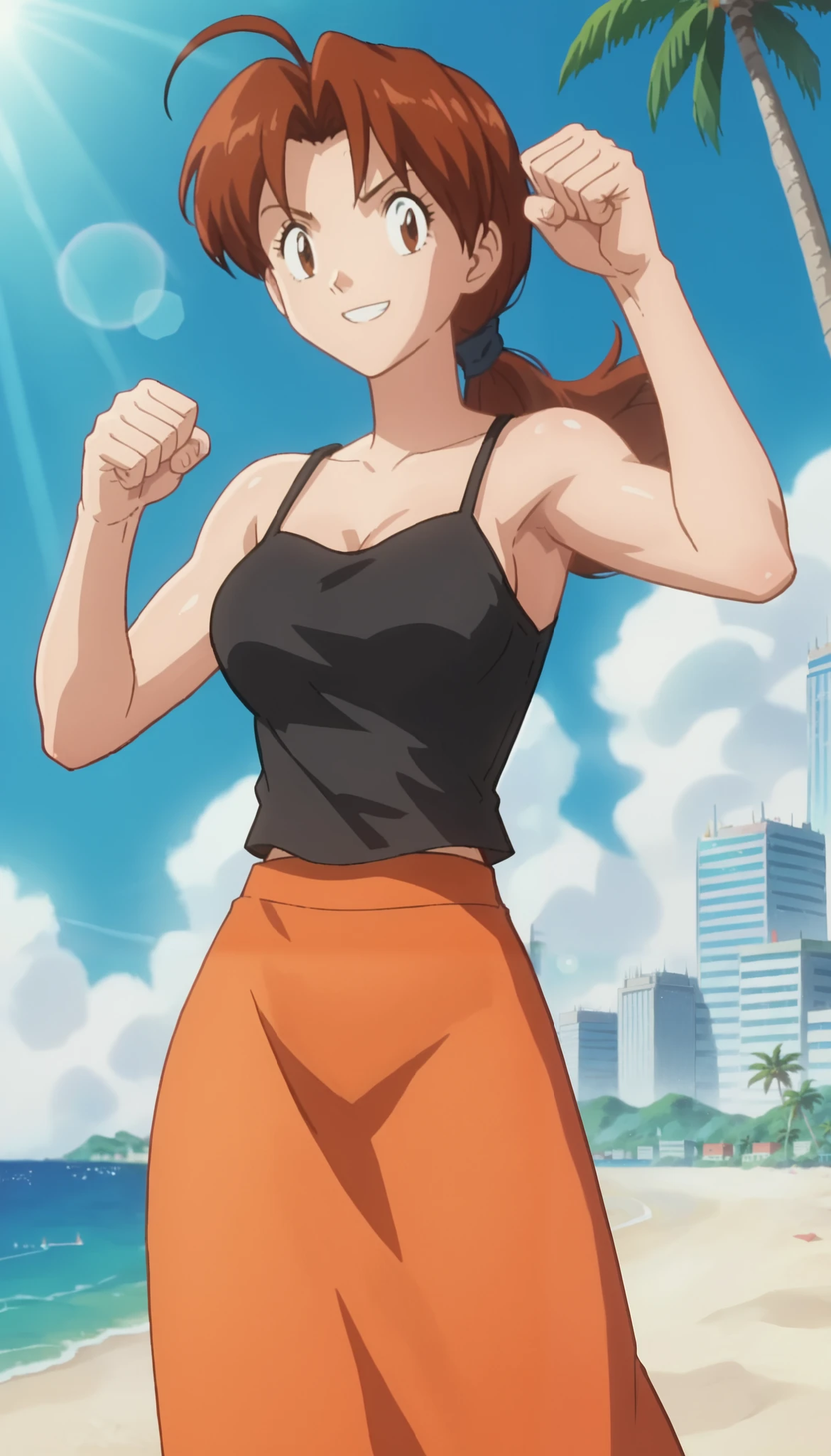 score_9, score_8_up, score_7_up, score_6_up, anime screencap, anime coloring, PMDeliaK, 1girl, solo, brown hair, ponytail, ahoge, long hair, parted bangs, brown eyes, hair tie, (soft biceps:0.5), medium breasts
black camisole, orange skirt, long skirt,
smile, looking at viewer, STANDING,
shiny skin, BREAK beach, sky, day, sunlight, light rays, cityscape, palm tree, punching
