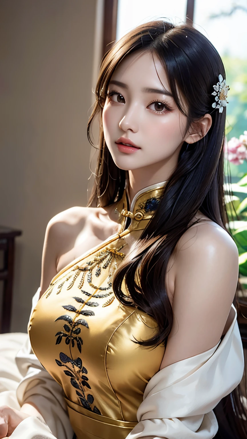 Araffe asian woman in a gold dress sitting on a bed - SeaArt AI
