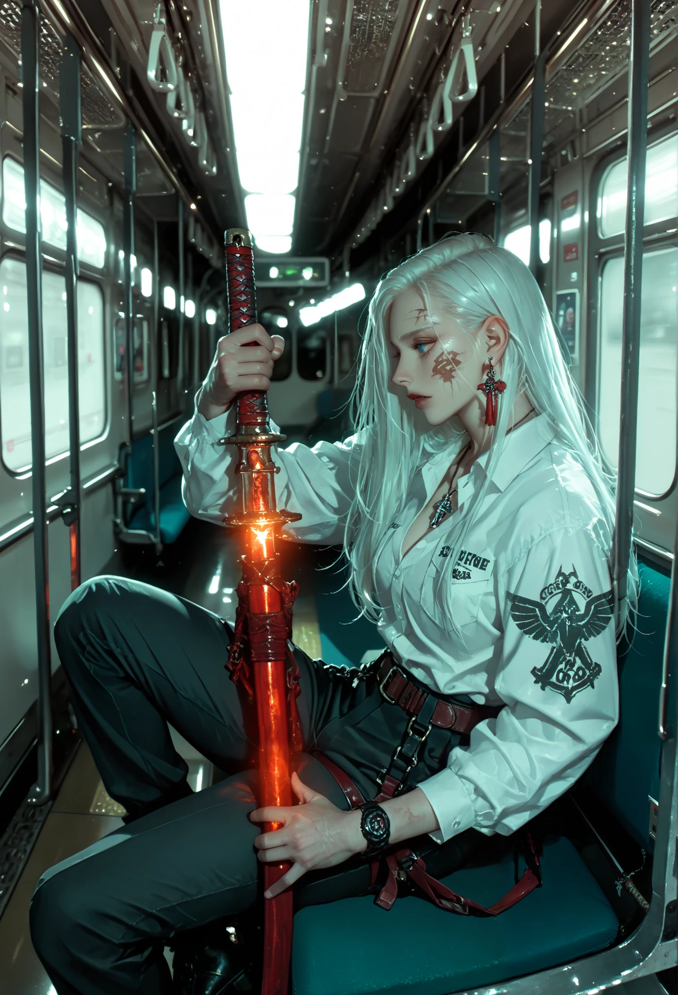 masterpiece, very aesthetic, a woman, Demon Hunter , tooth pendant , scar on the face, white long hair, blue eyes, glowing eyes,knife-shaped earring, plaido, strong hands, Sitting on a Train ,red katana , medium plane, from above , in the profile ,Katana between the legs,sitting alone,dramatic light, dim lighting , very detailed face ,Detailed Katana