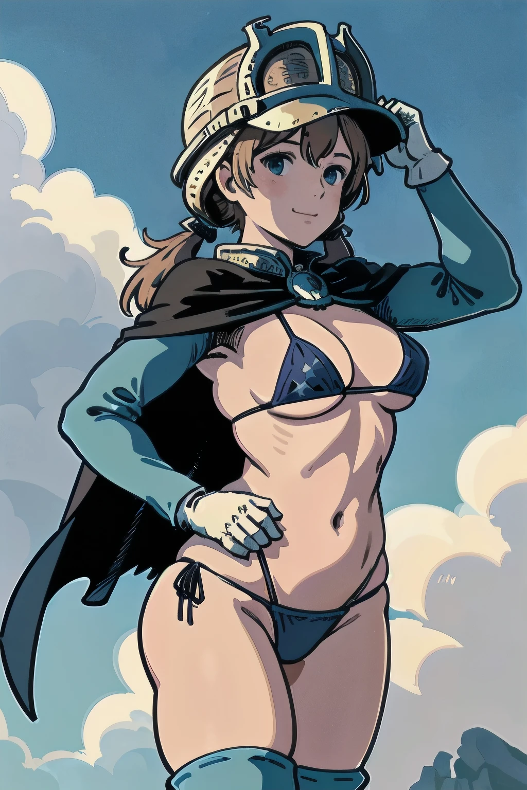 ((best quality, masterpiece, extremely detailed)), 1girl, smile, saluting, low twintails hair, (thong bikini:1.2), gloves, cape, helmet, medium breast, cowboy shot, bustling village in the middle ages, clouds, NausicaaC