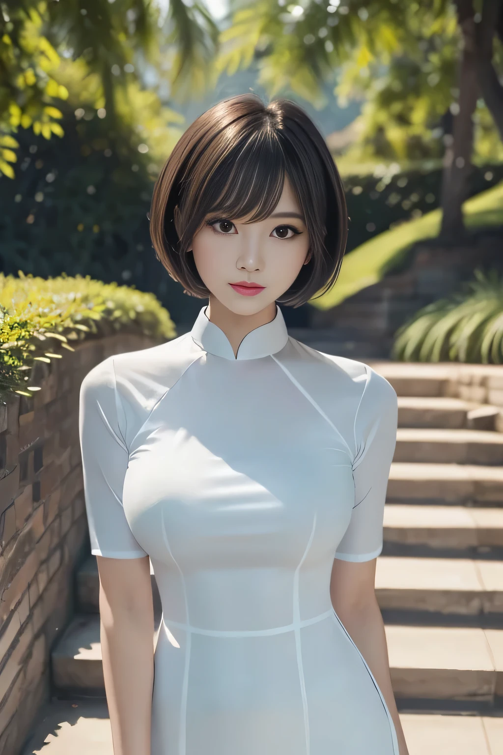 Very beautiful Woman, make-up, bangs, short cut hair, Subject is in the center, Looking at the viewer,
(Highest-Quality), (Photo realistic images:1.1), Absolute masterpiece,
Elegant AoDai, The breasts are completely covered by the dress,
Outdoors, Stairs, Going down the stairs
