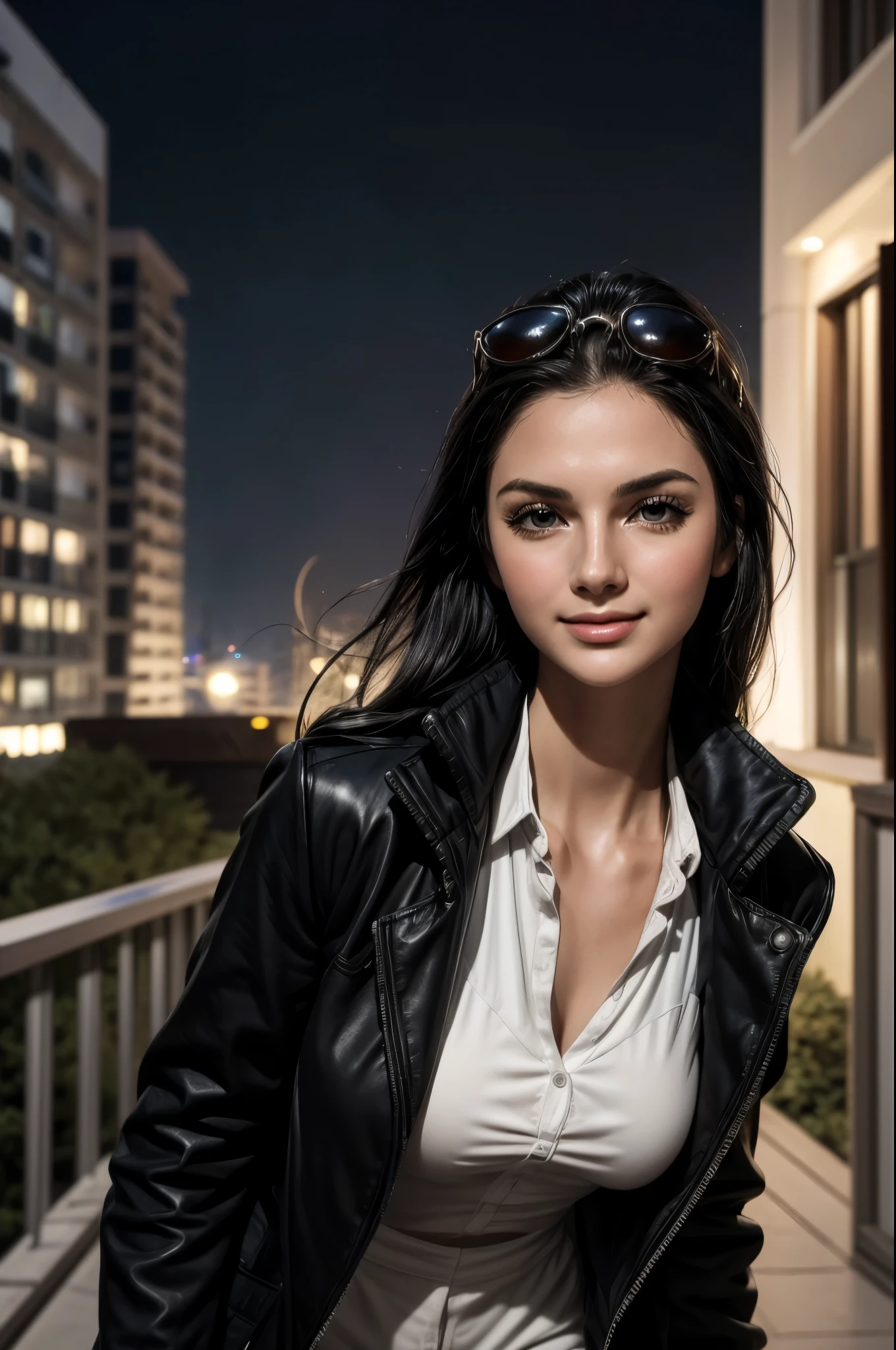 masterpiece, best quality, extremely detailed, hyperrealistic:1.1, photorealistic, a beautiful 20s russian model, ultra detailed face:1.1, sunglasses on head:1.1, black duffle coat, black hair, landscape, distant view shot, office, night view from a high-rise building, warm smile:1.1, checking wristwatch, strenuous movements, from side, dynamic angle