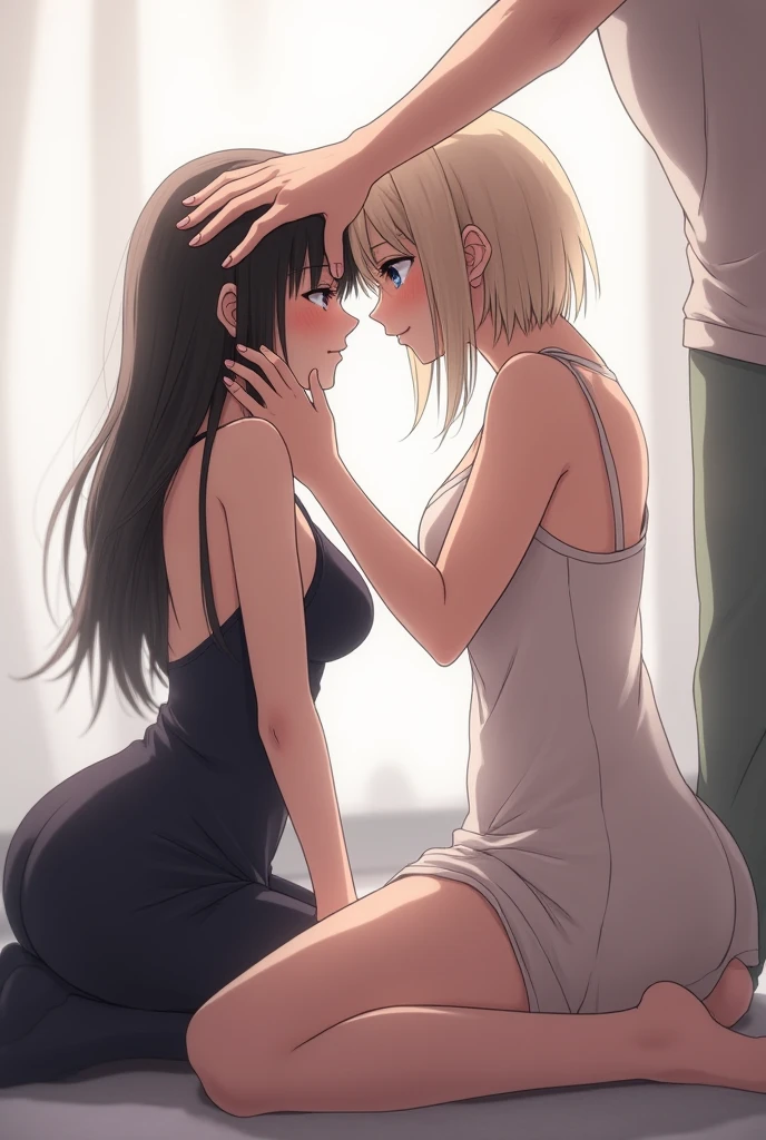 Anime characters kissing on benches in the park, kissing together cutely, kissing together, Kissing each other, two beautiful anime girls, lovely kiss, style of anime4 K, high detailed official artwork, Smooth anime CG art, Anime girls, portrait of two girls kissing, Official artwork, Kissing, Anime wallpaper 4K, Anime wallpaper 4 k, Anime style. 8K, brown hair, blonde hair, green eyes, blue eyes