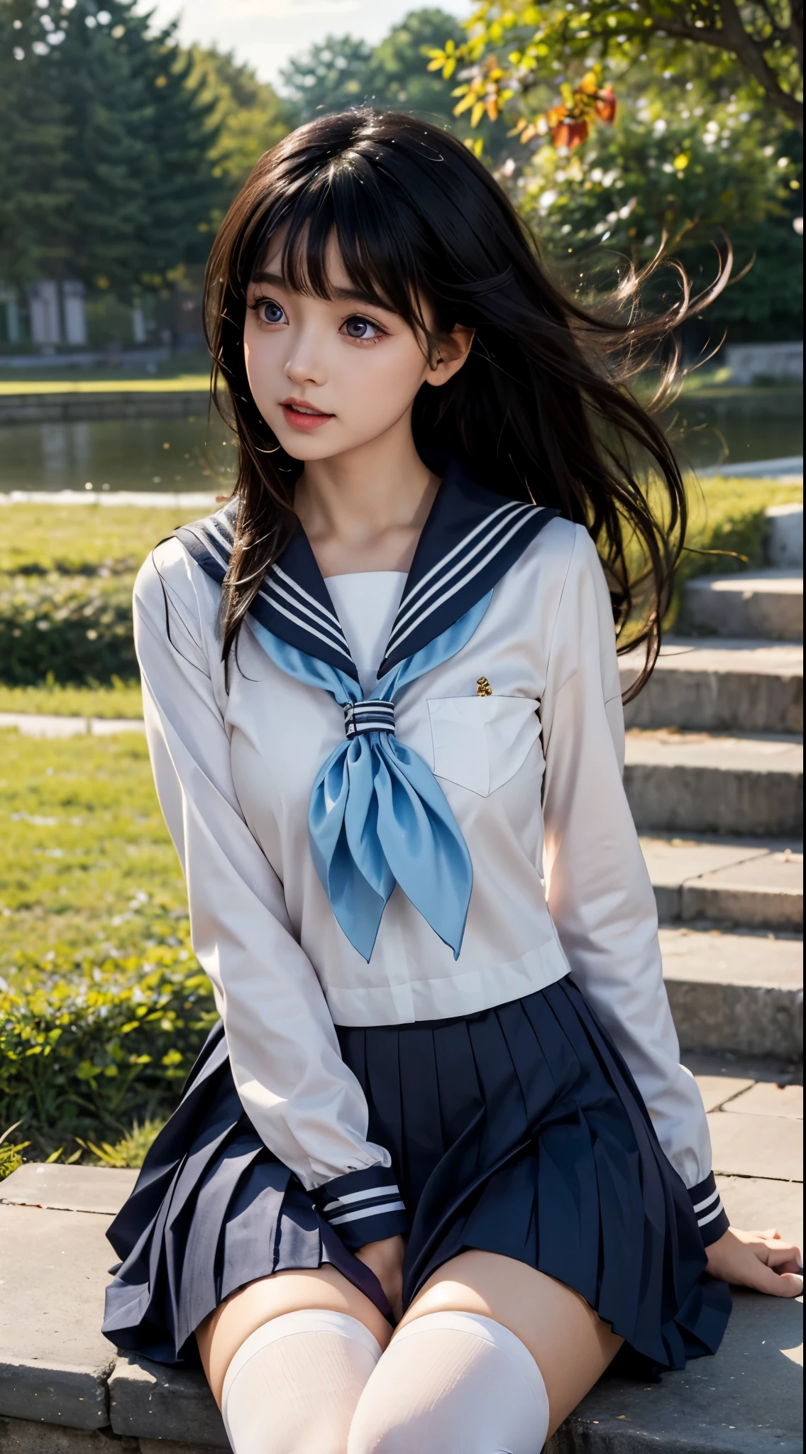 Landscape of a very beautiful woman, (((front focus))), dutch angle, (((low angle)))!!!, (((background Blurry))), Bokeh, lens flare, photography with Fujifilm XT3, depth of field, film grain, female focus, (((face exposed)))!!!, BREAK, Chitanda Eru/(Hyouka/), anime style, (((sitting down at the stone stairs under mapple tree)))!!!, (((red mapple leaves are falling))), beside the river, (((wind-swept hair)))!!!, (((looks at the audience)))!!!, Ultra detailed eyes, Beautiful light purple iris like amethyst :1.40, Stars in her fixed eyes, (homochromatic eyes)!!!, stunning smile, long sleevemouth, (((thin fresh peach lips)))!!!, (Blush)!!, Perfect nose, Cute little nose, Earrings, beatiful face, Face Clean, realistic Skin, hyper realistic, Perfect eyebrow appear through black hair, black hair between eyes, black hair bangs, (ultra shine black hair)!!, (thick straight black hair)!!, (((((wind swept hair)))))!!+!!, ((dynamic composition)), BREAK, detached sleeves, medium breasts, /(((wear original costume of chitanda eru/)))!!!, (((white school uniform_black sailor collar_black pleated skirt)))!!!, close shoulders, slim legs, ((open skirt))!!, ((open smooth thight))!!, ((thighhighs))!!, white stocking, vivid color clothes, detailed realistic clothes, BREAK, Best Quality, Masterpiece, Ultra-detailed, Beautiful, hight resolution, Original, CG 8K, perfect photo, dramatic lighting, Beautiful lighting, (Realistic fantasy art), Realistic, Full HD, Best Quality, award winning, (8k wallpaper of extremely detailed CG unit), High Details, sharp-focus, The art of dramatic and photorealistic painting, ((beside the river bank)), dynamic composition, breathtaking rendering, strong color, deep shadow