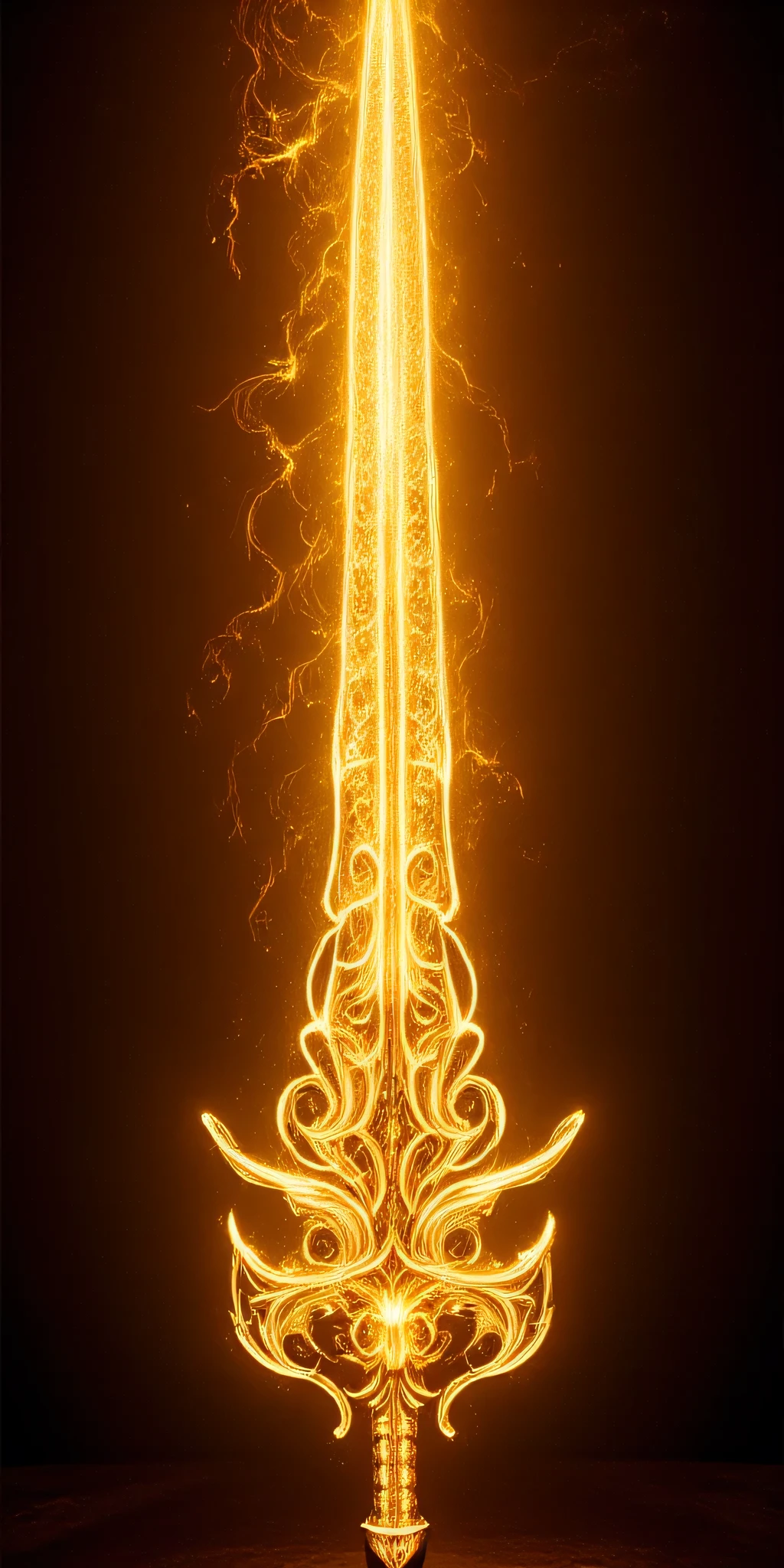 Golden aura sword, transparent gold with light gold outline. The sword emanates light golden electric flames. It is suspended in the air.
Cinematic light, 4k, uhd, crystal clear.