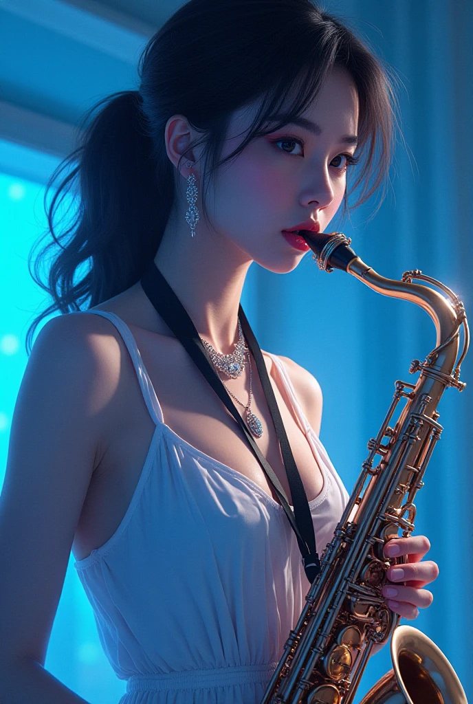 high high quality,tmasterpiece,hyper HD,(realisticlying:1.4),RAW photogr,cowboy lens,Charming smiling girl holding saxophone on live stage,(Dynamic paws),Red gradient hair,asymmetricalbangs,Cross pendant necklace,耳Nipple Ring,White punk rock costume,Colorful scene lighting,neonlight