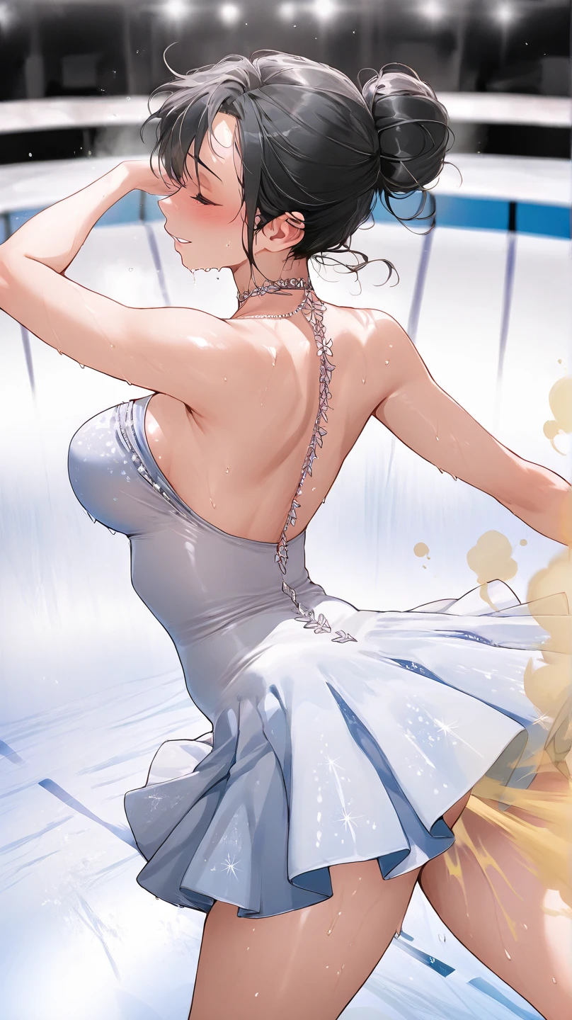 score_9, score_8_up, score_7_up, detailed, rating safe, absurdity, night, from side, face focus, 1girl, 20years old, dancehall, dancing with boy, cheek‐to‐cheek dancing, shy, looking at boy, shiny skin, large breasts, breast apart, evening dress, neckline dress, aline dress, see-through:0.3, 1boy, faceless male,