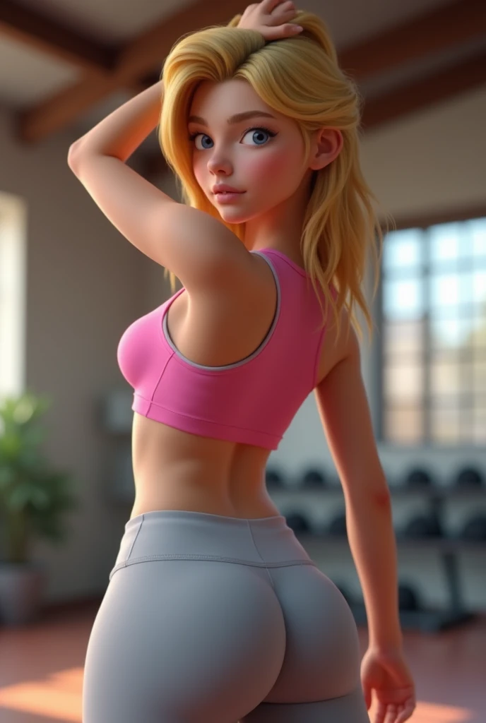 12 year old girl, does squats, Stands with his back to the camera, wears short sleep underwear, blonde hair