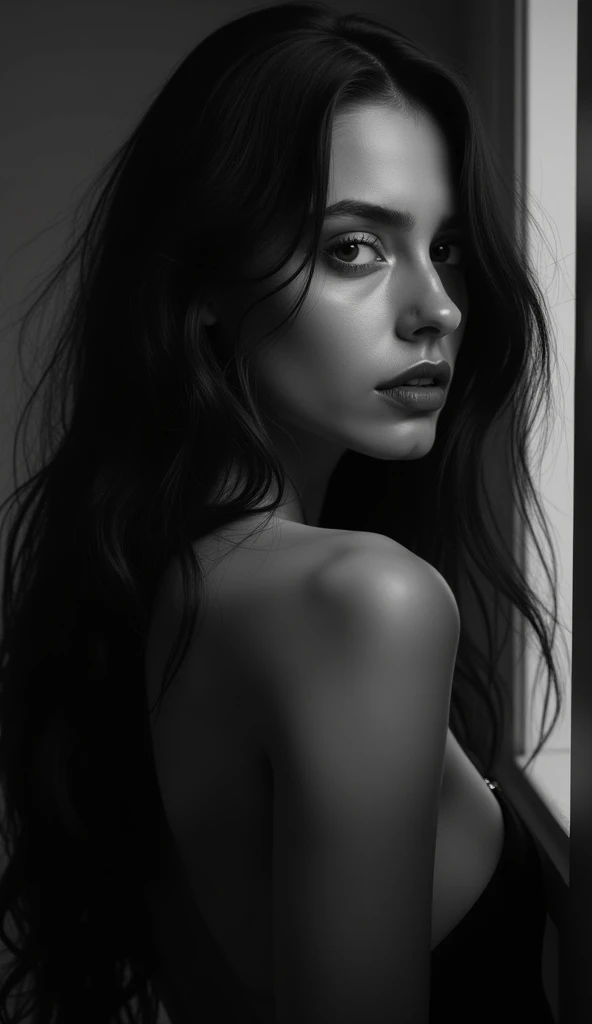 beautiful detailed eyes, beautiful detailed lips, extremely detailed face and body, solo female, moody lighting, black and white, high contrast, dramatic lighting, renaissance style, chiaroscuro, baroque, nude, sensual, sultry, elegant, mysterious, cinematic