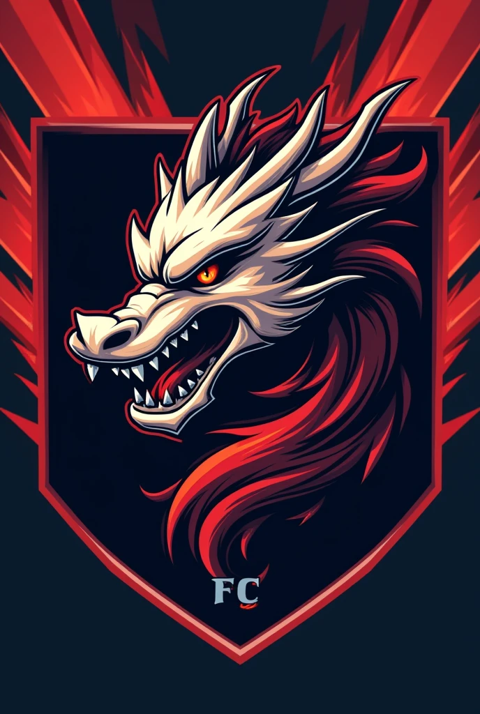 "Create a modern 4K football (soccer) crest with a red, black, and white color scheme. The crest should feature a fierce black and red dragon at its center. Place the acronym 'ACG DKS' above the dragon, and the text '2024' below it in bold, modern typography. Add golden details around the borders for an elegant touch. The overall design should be sleek and contemporary, making it suitable for a professional football team."