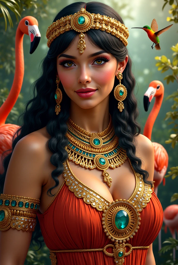 Create an image of Cleopatra surrounded by a hummingbird and a flamingo, with elements that symbolize wealth and money, like jewelry and coins, integrated into the scene. The image should reflect the grandeur and luxury associated with the historical figure of Cleopatra.