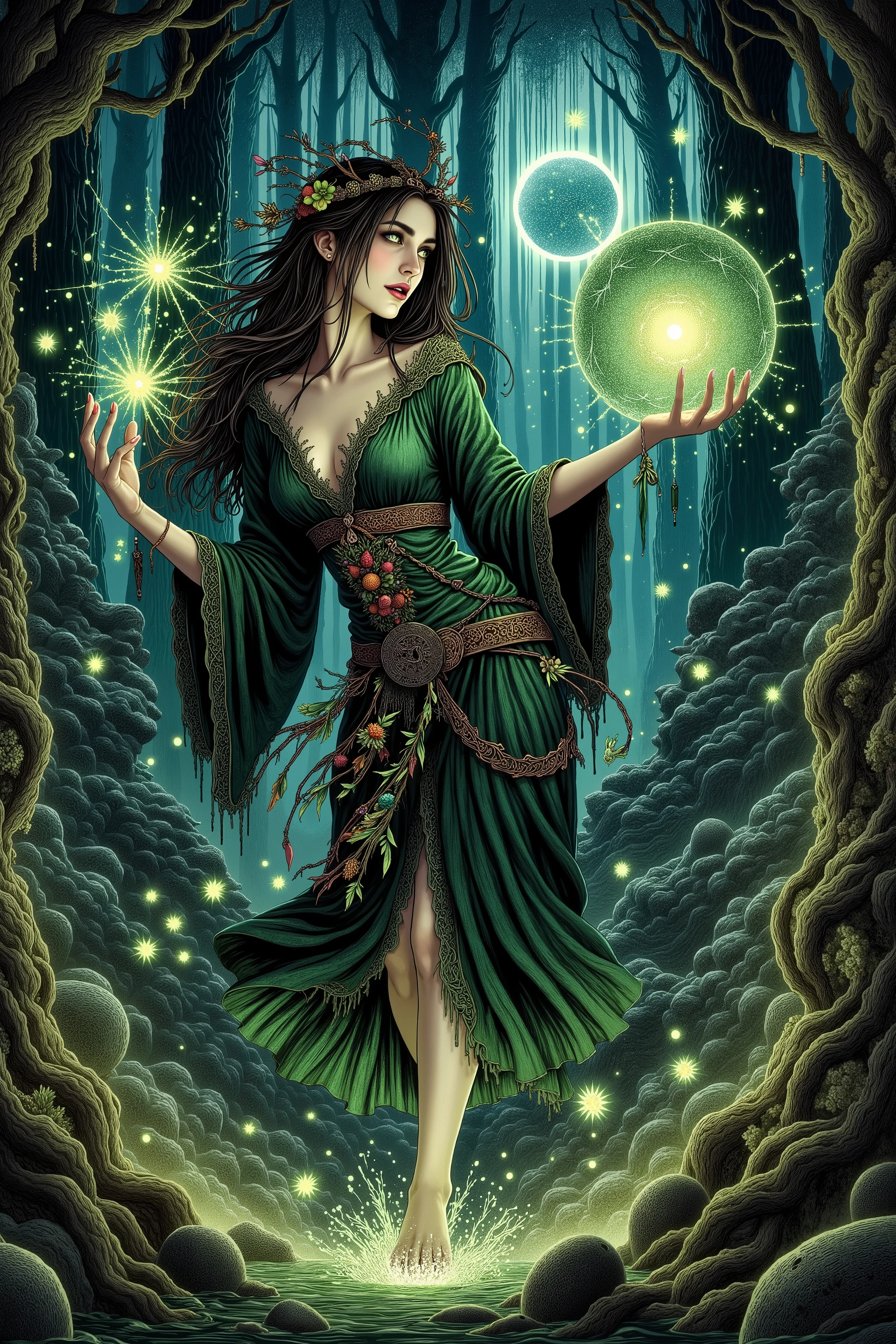 (Ultra-detailed face, Looking away, Gothic Illustration. Dark tone colors.), BREAK 
(A small moon peeks through a gap in the forest trees. In an ancient crumbling stone temple in a deep green forest, a female forest sorceress has her back turned, floating in the air, arms and legs intertwined, chanting incantations as she slowly turns. She holds a large, sparkling ball of light particles in each hand, and light particles burst from the ball.), BREAK 
(The female spellcaster has brown hair and eyebrows, very long messy hair, lime green eyes, small pink lips, dark green skin, and dark, thick eyeliner.), BREAK 
(She wears a crown of small woven flowers and a lace-up dress with a motif of green, brown and rust-colored leaves. A dagger is inserted in the sash at her waist. She weaves vines and wears sandals.)
