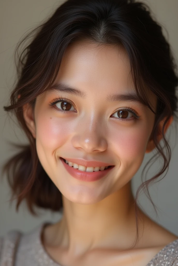 ((8k, highest quality, masterpiece、Realistic、Ultra-high resolution))、((Japanese women))、((Black Short Hair))、(Small breasts)、(((Eye corners are((one))mole)))、((Face is golden ratio))、Beautiful Face、Beautiful Eyes、Delicate face、Glamorous face、Beautiful face、Beautiful nose、Sexy face、Sexy body、Sexy lips,Wet hair、Well-textured skin、smile、((From the stomach up))、Short cut、T-Shirts