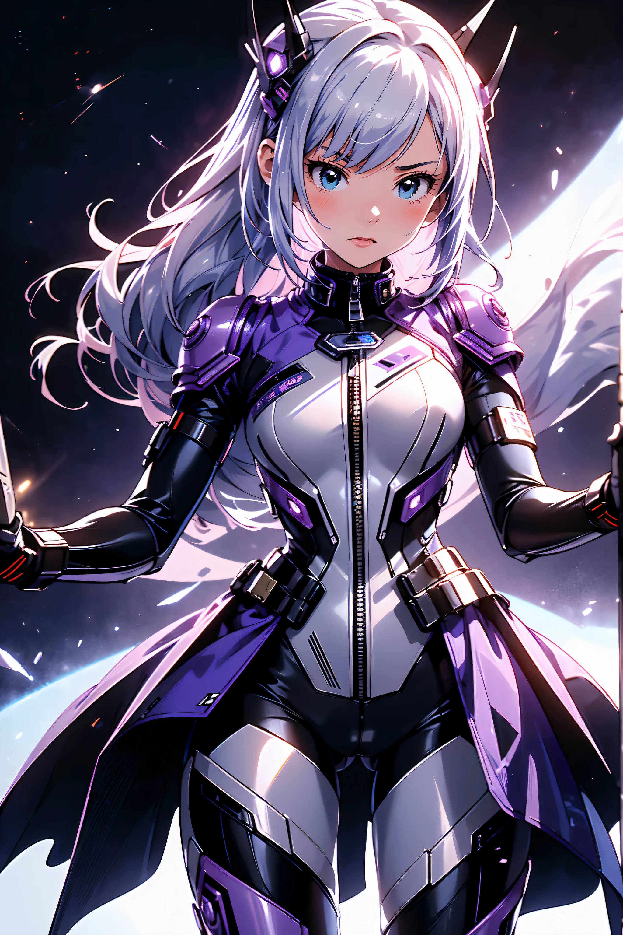 (master piece, best quality, ultra detailed, highres, 8k), The protagonist of a new special effects drama、Space Sheriff Jasmine、17-year-old female、only one girl, half side bun hair, shortcut hair, silver purple hair, slender, A headgear with metal antennas shaped like cat ears, Wearing a combat suit like Space Sheriff Gavan、Combat suits are protected by titanium、(The combat suit is very high-legs and very tight and hugs the body:1.2)、The suit is gold with black accents、She is removing her helmet、(medium breasts), (medium hips), (The suit has a feminine shape that makes the most of the curves)、(The shape of the breasts is clearly visible), The waist of the suit is tightly cinched the private parts.、There is a zipper that runs from the vulva to the anus and can be opened when urinating or defecating.、The titanium protector is thick and divided into three parts: chest, abdomen, and waist.、Inspired by Robocop design, dynamic pose:1.5