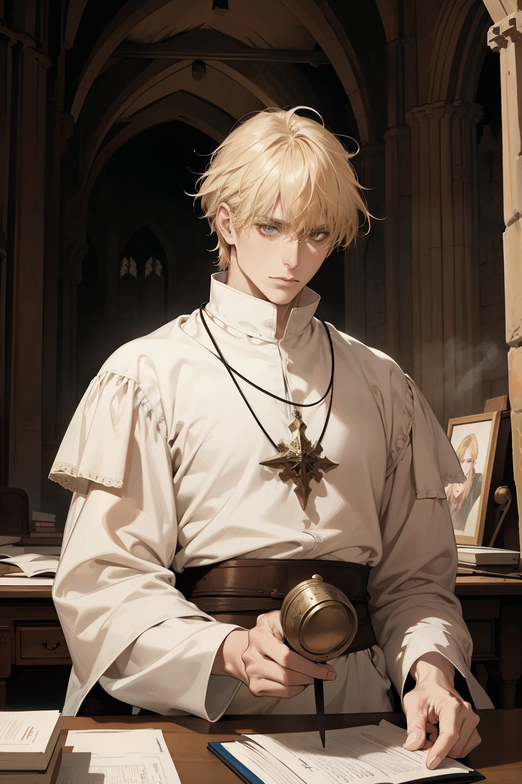 1 man, AS-Adult, Messy blond hair and bangs, Principle, white clothes, beautiful, dispassionate, The beautiful, Condescending, weight loss, in a castle, MEDIEVAL FANTASY