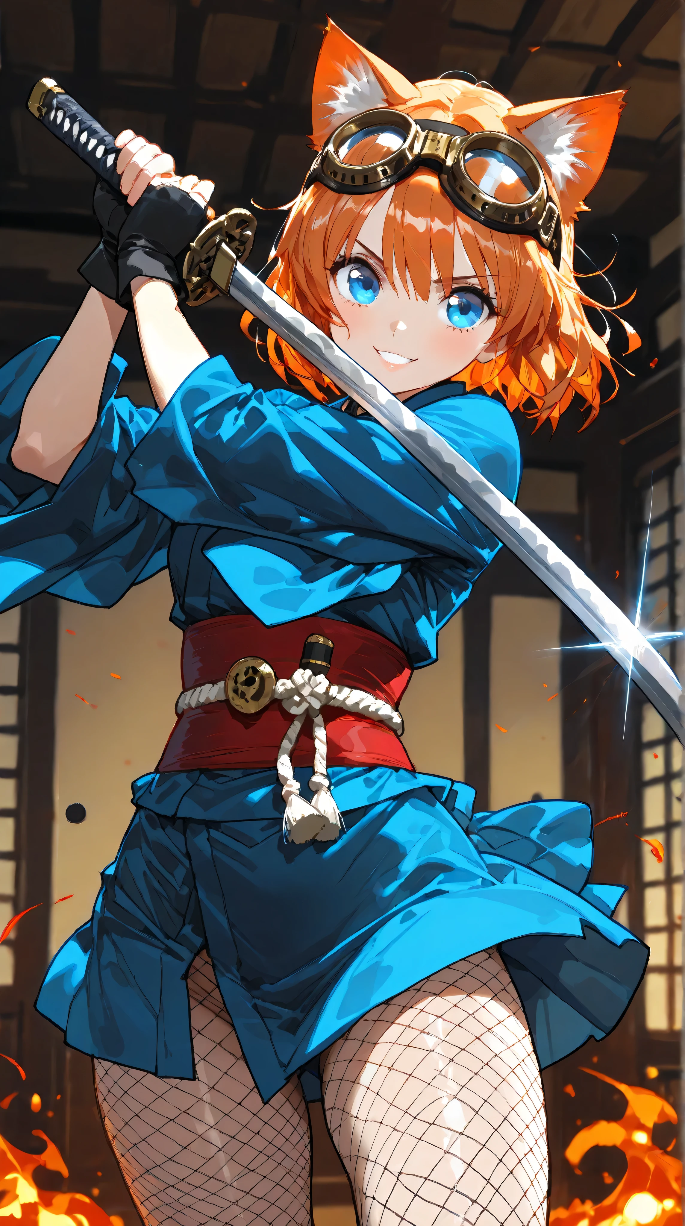 1girl , 4K HDRアニメ, cell animation, upper body shot,Gorgeous Samurai Action Scene 、 Godly drawing, The Greatest Masterpiece,Epic themes, Magnificent Snow Mountain Background , beautiful scenery, top grade , Dynamic dynamic angle , Move the angle, Theme Background , ( Women in the World Always Have Goggles and Cat Ears :1.3), ( Wear Fine Gold Goggle-shaped Goggles on their heads :1.4), open your mouth, Fascinating Lips, has a proud and bullish expression ,smile, Beautiful Samurai , glamorous, ( Orange Hair with Details , Short Hair Is Disheveled ), The Magical Samurai Who Manipulates Lightning , ( beautiful eyes、Strong eyes, blue eyes :1.3),( Room for adults :1.3),( Holding a Sword and Sword Battle Angle :1.3),dance, Her skin is pale ,( Samurai Outfit Combining a Blue Kimono and Maid Clothes ),( Ronin Ornament ),( fishnet tights),(Sword Sword ), She's a Maiden of War ,Emits an aura of light,Eye Zoom ,( holds the Red Fire Sword accurately ),( Many Fire Blades fly around her ), lens flare, Rainbow Light Effects , The moon is shining, Light blooming, she ecstasy.