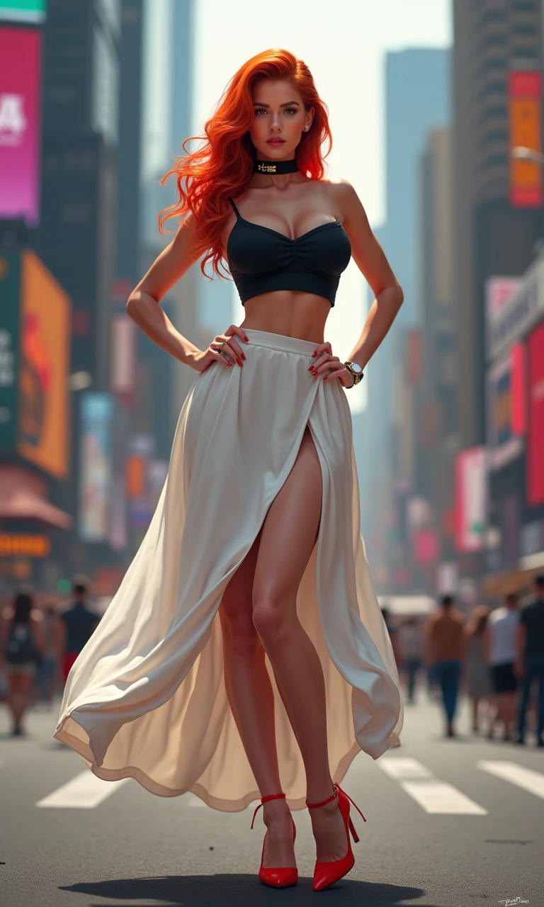 (Masterpiece, Best Quality), 8k, (NSFW), (Photorealistic:1.5), 1girl, Beautiful woman, full body shot, white sleeveless, red medium skirt, necklace, red curly hair, long hair, perfect beautiful face, beautiful face, detailed face, perfect proportions, big breasts, small waist, navel, crotch gap, toned round butt, beautiful big butt, thighs, attractive, big gorgeous eyes, open mouth , The wind is dancing, the skirt is lifted up, sexy, (thighs visible: 1.1), red stiletto heels, perfect slim fit body, (outdoors), city street, New York Broadway, bright colors,