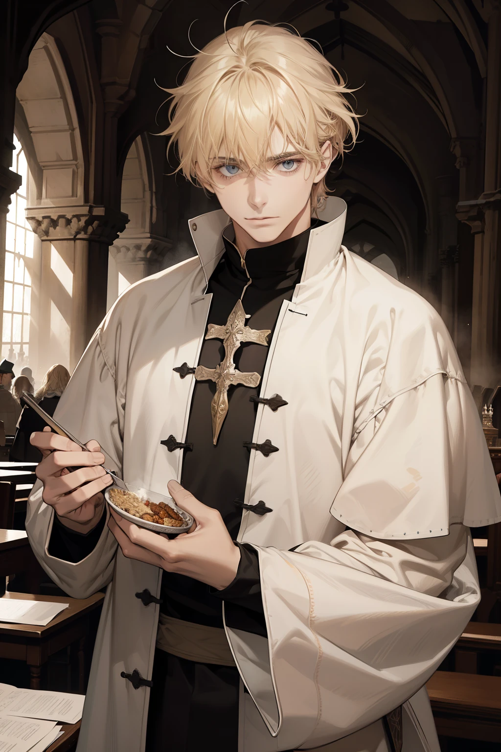 1 man, AS-Adult, Messy blond hair and bangs, Principle, white clothes, beautiful, dispassionate, The beautiful, Condescending, weight loss, in a castle,  MEDIEVAL FANTASY 