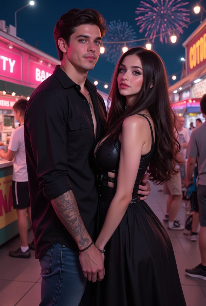 A Brazilian man with black eyes and a woman (Megan fox) blue-eyed, wearing elegant clothes, in Greece at night, Selfie, having a drink, boyfriends