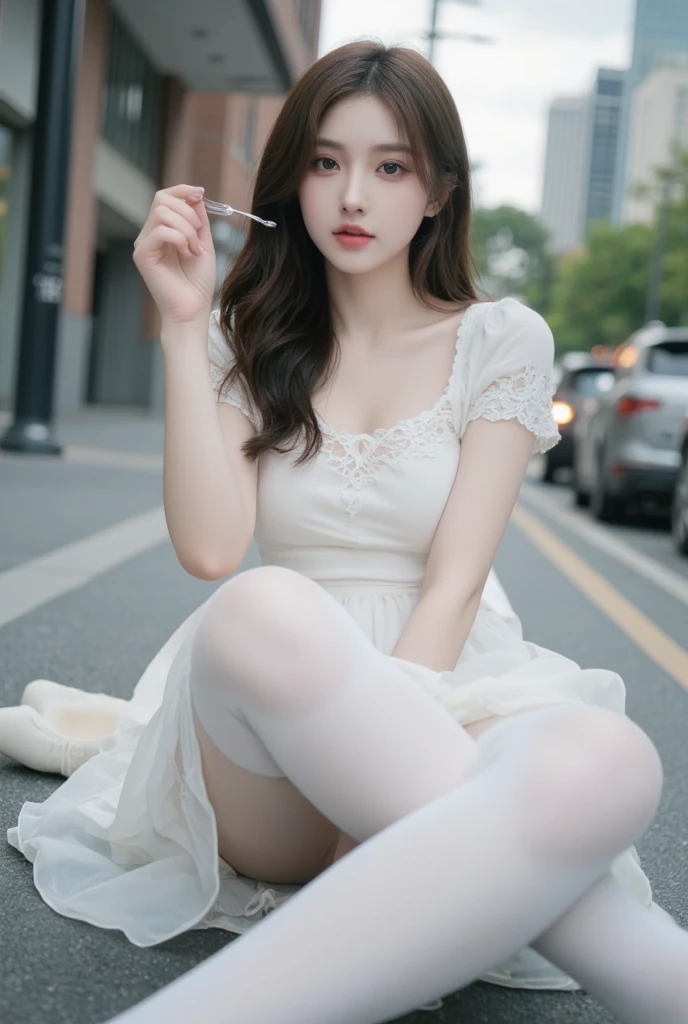 ((超高分辨率,best qualtiy)|(4K)),Fidelity,Skinny girl,Stunning facial features,Clear white shirt,Black stockings with red lace,Wet clothes,Sit in a chair,Wet hair,your legs。