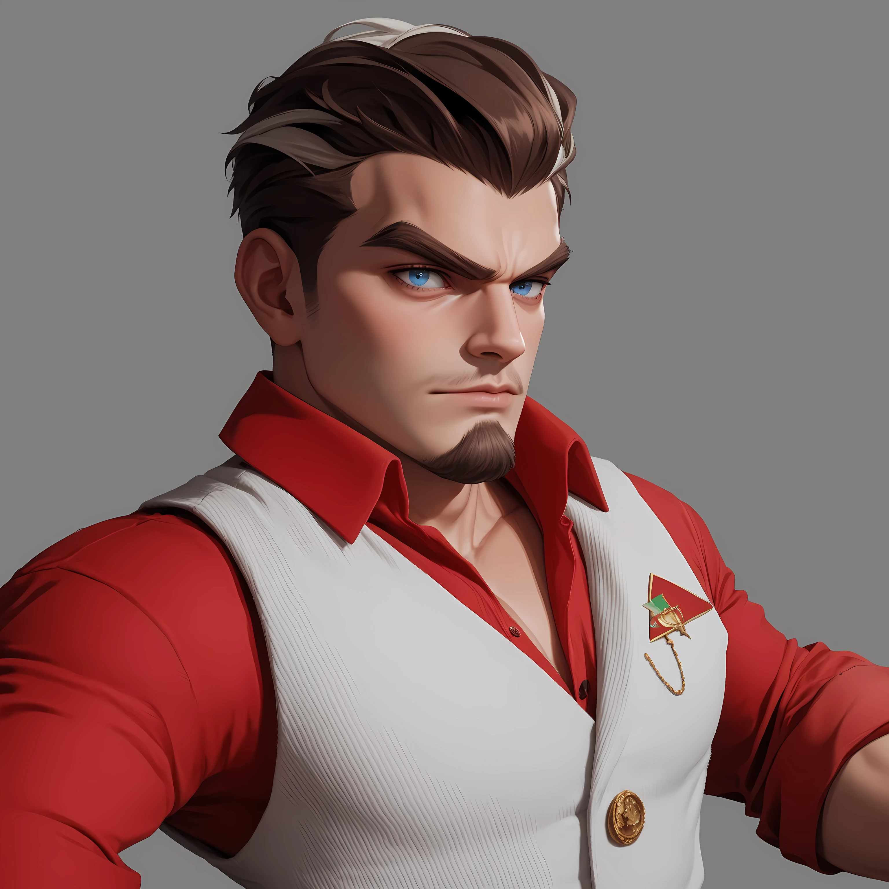 man,Italian Mafia,Mafia Boss, brown hair ,There is a strand of white hair on the ear, has a serious and ferocious expression,There is a beard on the chin, looking ahead , blue pupils,Profile, Red Shirt ,Brown eyebrows,UE5 Rendering,Lumen lighting rendering ,fear,Weird,Scary