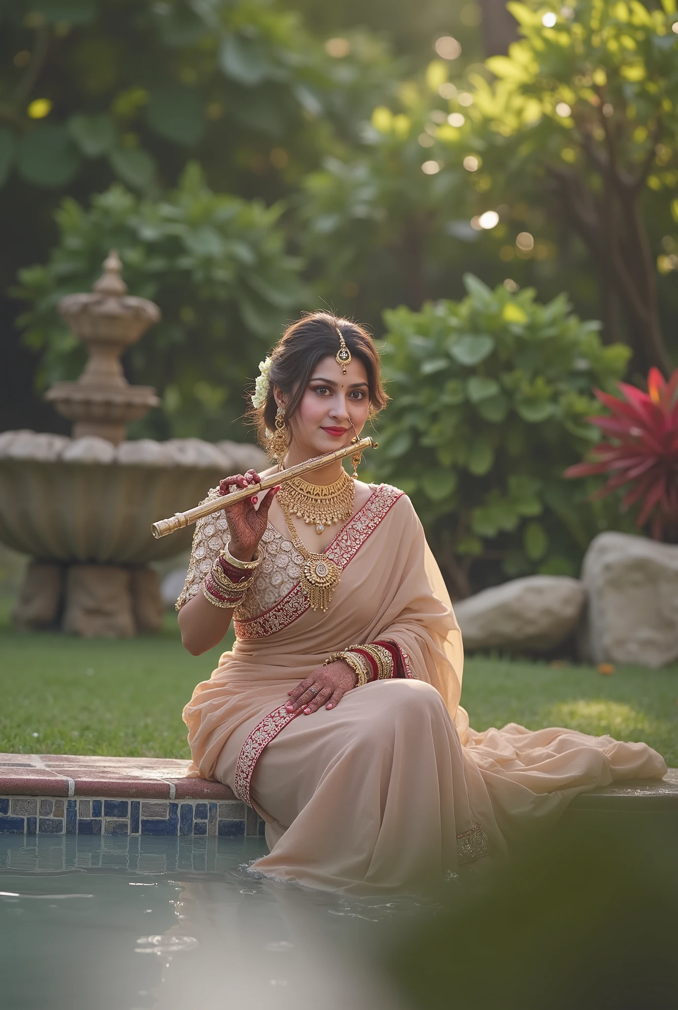 A beautiful princess in heaven with jwellery, wearing a sary , playing a flute, sitting in front of a small fountain in garden, cute looks, high quality photo
