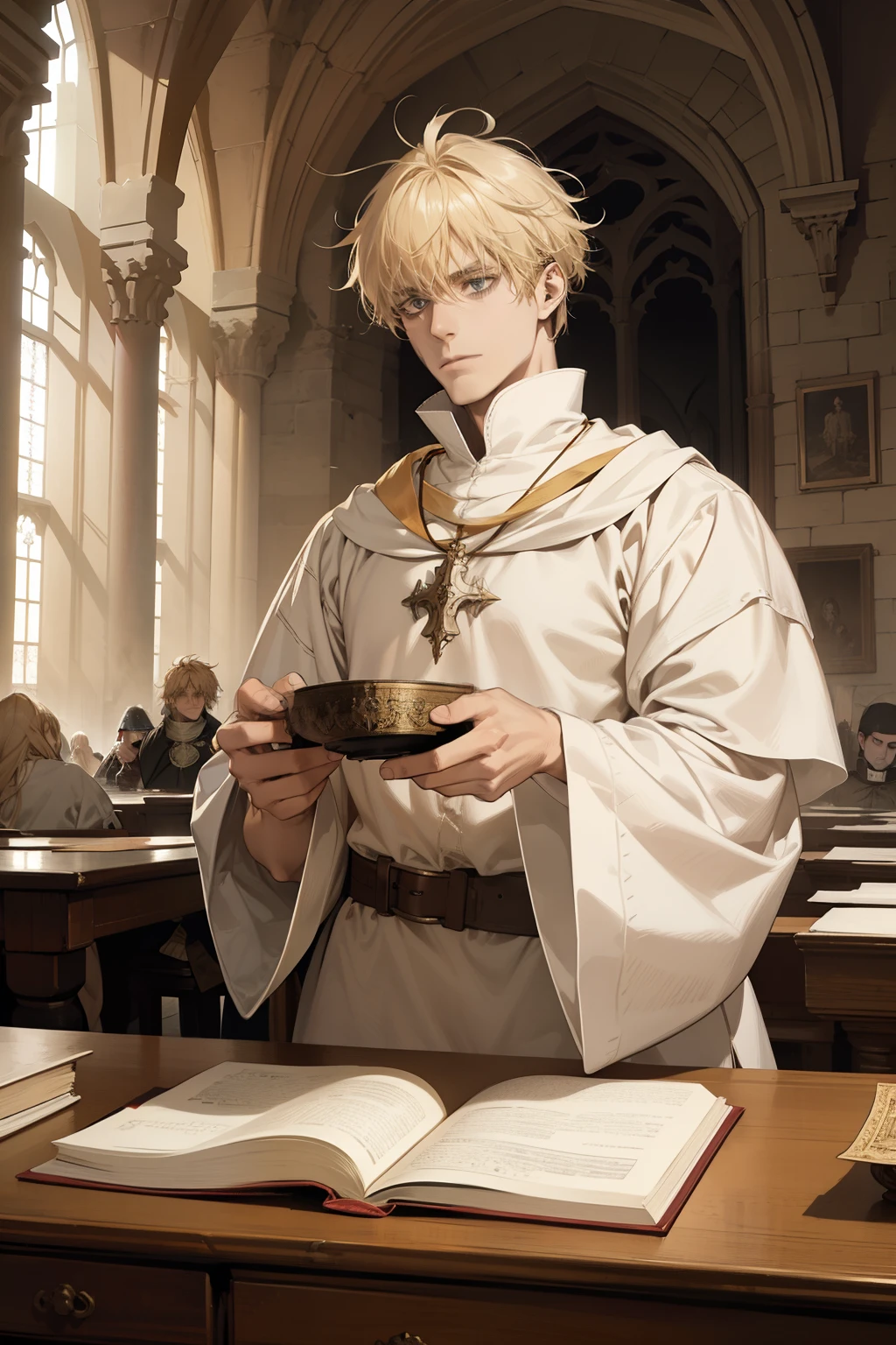 1 man, AS-Adult, Messy blond hair and bangs, Principle, white clothes, beautiful, dispassionate, The beautiful, Condescending, weight loss, in a castle,  MEDIEVAL FANTASY 