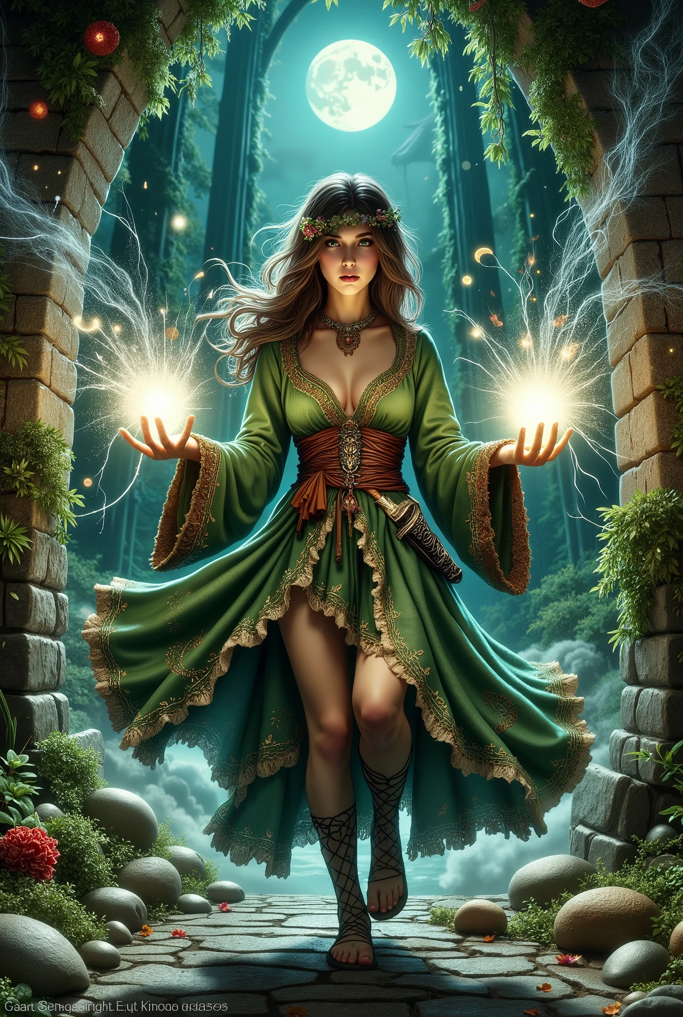 (Ultra-detailed face, Looking away, Gothic Illustration. Dark tone colors.), BREAK
(A small moon peeks through a gap in the forest trees. In an ancient crumbling stone temple in a deep green forest, a female forest sorceress has her back turned, floating in the air, arms and legs intertwined, chanting incantations as she slowly turns. She holds a large, sparkling ball of light particles in each hand, and light particles burst from the ball.), BREAK
(The female spellcaster has brown hair and eyebrows, very long messy hair, lime green eyes, small pink lips, dark green skin, and dark, thick eyeliner.), BREAK
(She wears a crown of small woven flowers and a lace-up dress with a motif of green, brown and rust-colored leaves. A dagger is inserted in the sash at her waist. She weaves vines and wears sandals.)
