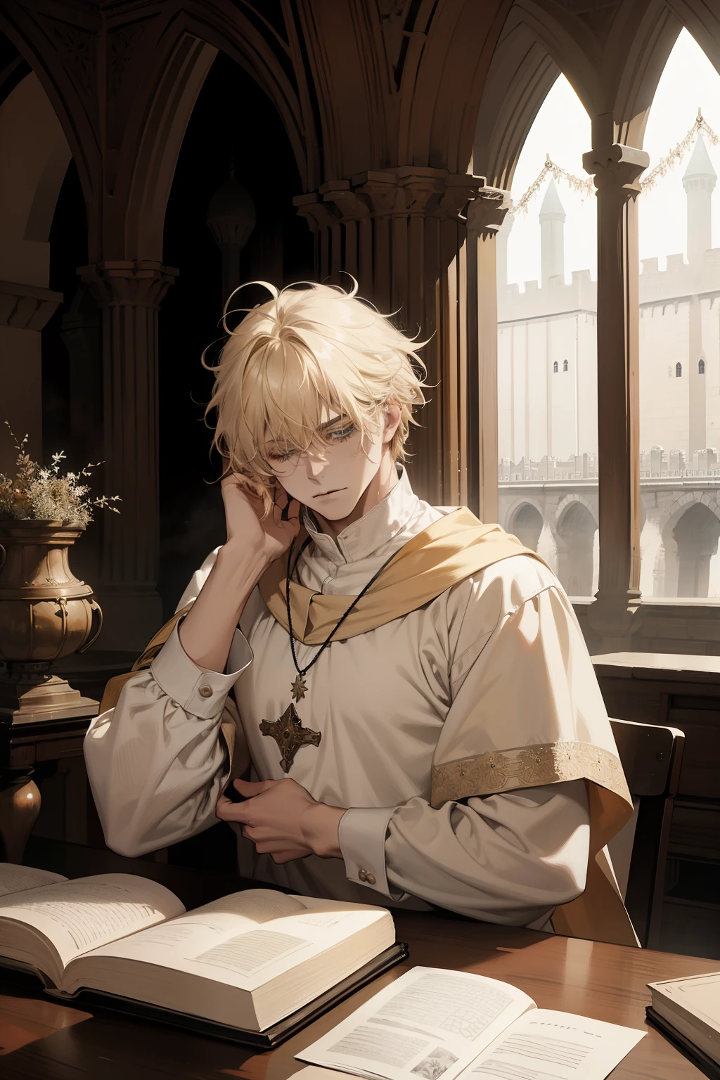 1 man, AS-Adult, Messy blond hair and bangs, Principle, white clothes, beautiful, dispassionate, The beautiful, Condescending, weight loss, in a castle,  MEDIEVAL FANTASY 