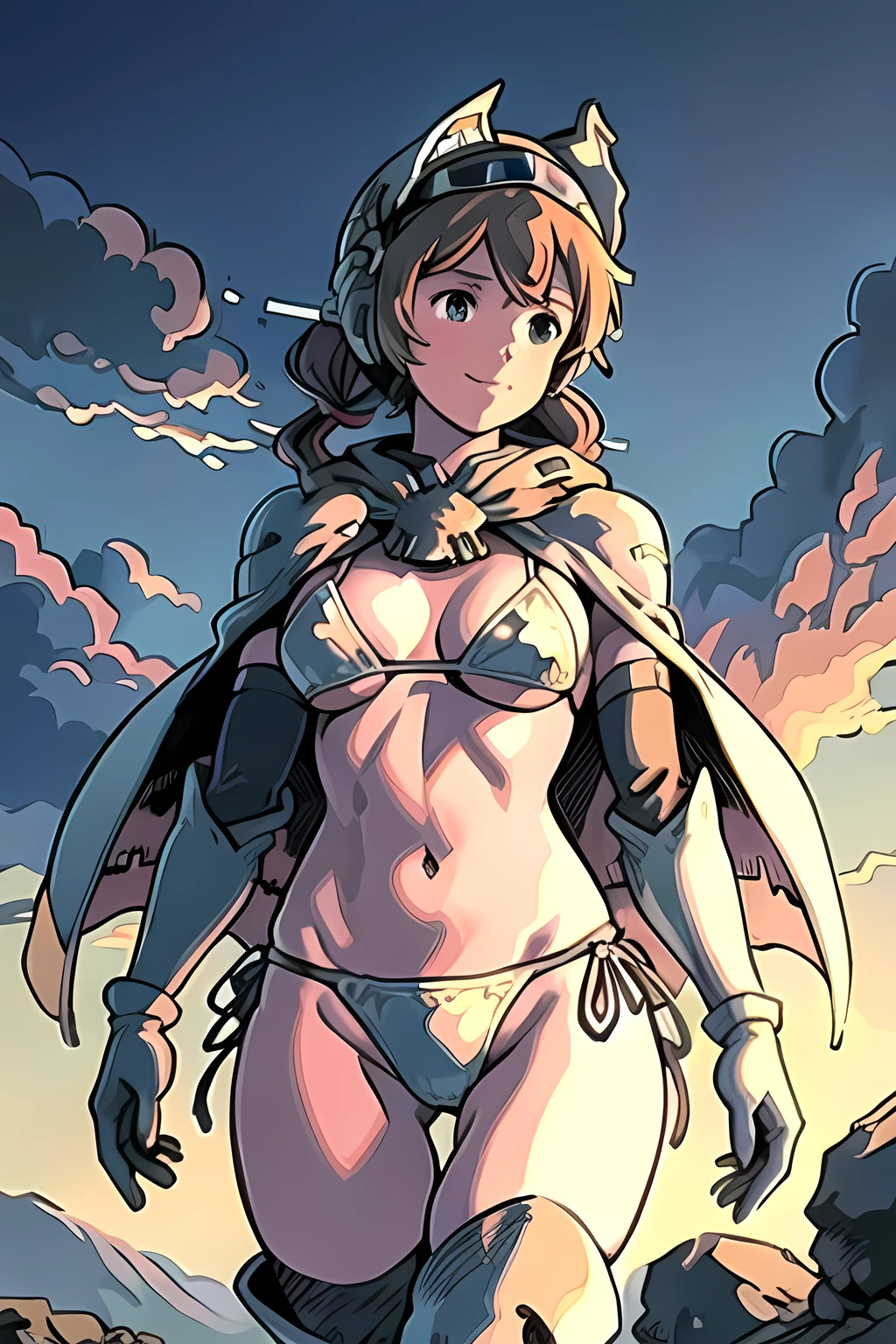 ((best quality, masterpiece, extremely detailed)), 1girl, smile, low twintails hair, (thong bikini:1.2), light armor, gloves, cape, helmet, medium breast, walking, cowboy shot, rural landscape, clouds, NausicaaC
