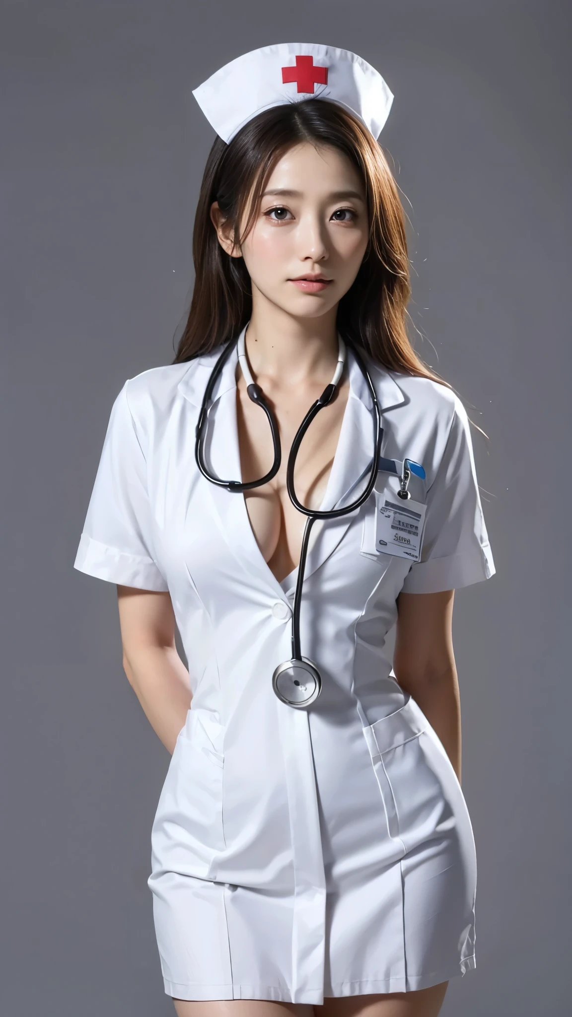 (masterpiece, best quality , ultra high resolution, more details), ( realistic, photo realistic:1.2), beautiful illustration of wiping away tears, perfect lighting, natural light, colorful , is written in depth, beautiful detailed hair, long hair, Extremely detailed and beautiful skin, extremely detailed face, beautiful detailed eyes, beautiful collarbone, beautiful body, beautiful breasts , beautiful thighs, Beautiful Legs, Beautiful fingers , Tall, looking at viewer, mature woman, Age 35, dark brown long hair , clear skin, cool and calm impression , big breasts, thin waist, Wide ass, ( Full Body Shot:0.8), (Stare), Cold look, (straight posture ), ((( simple gray background))) , (((Nurse uniform japanese style))), ((Stethoscope)), ( taken directly in front)