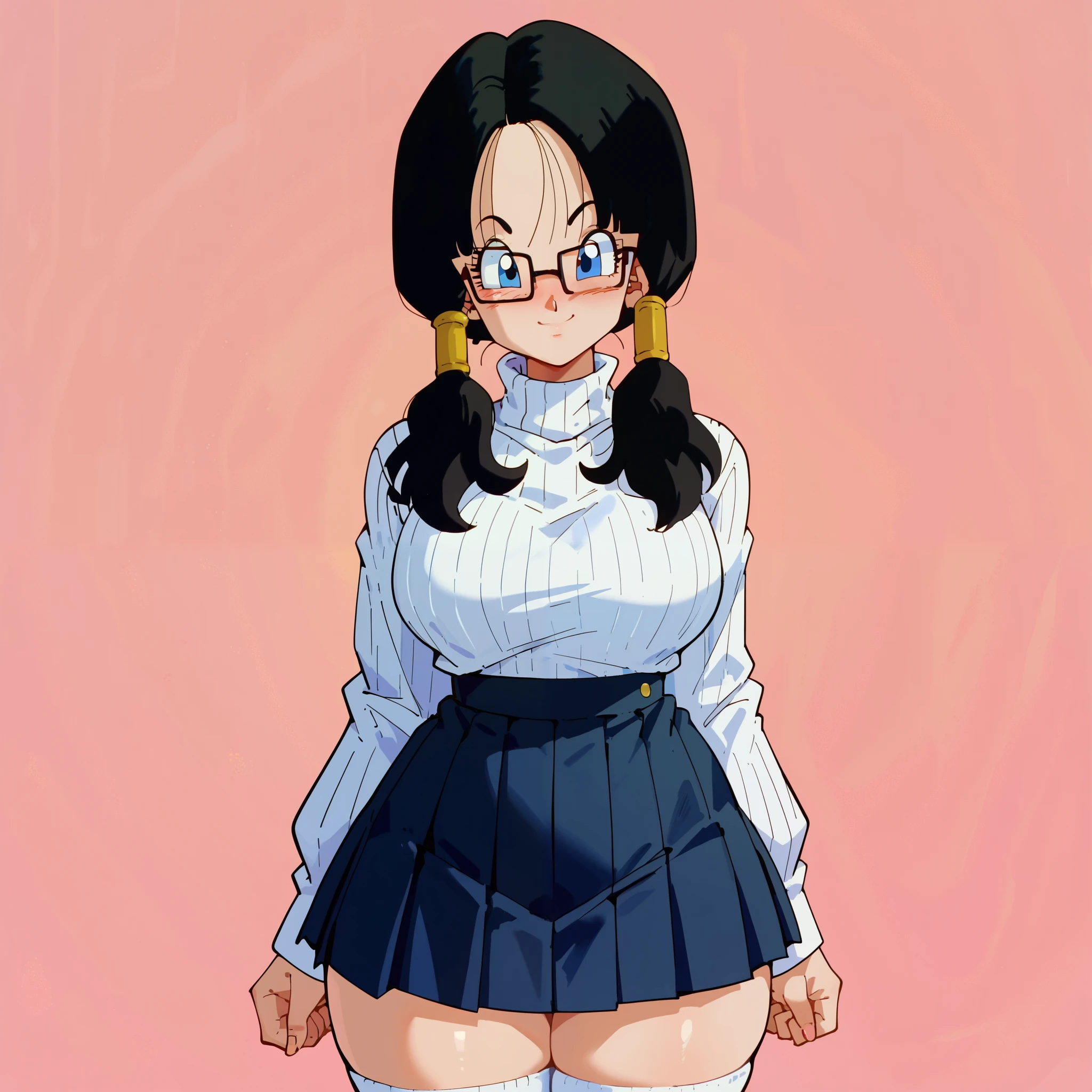 1girl, solo, videl, black hair, blue eyes, low twintails, hair tubes, big breasts, wide hips, thick thighs, white ribbed turtleneck sweater, black pleated skirt, white thigh high socks, glasses, blushed, smile, standing, looking at viewer, simple background, from the front view