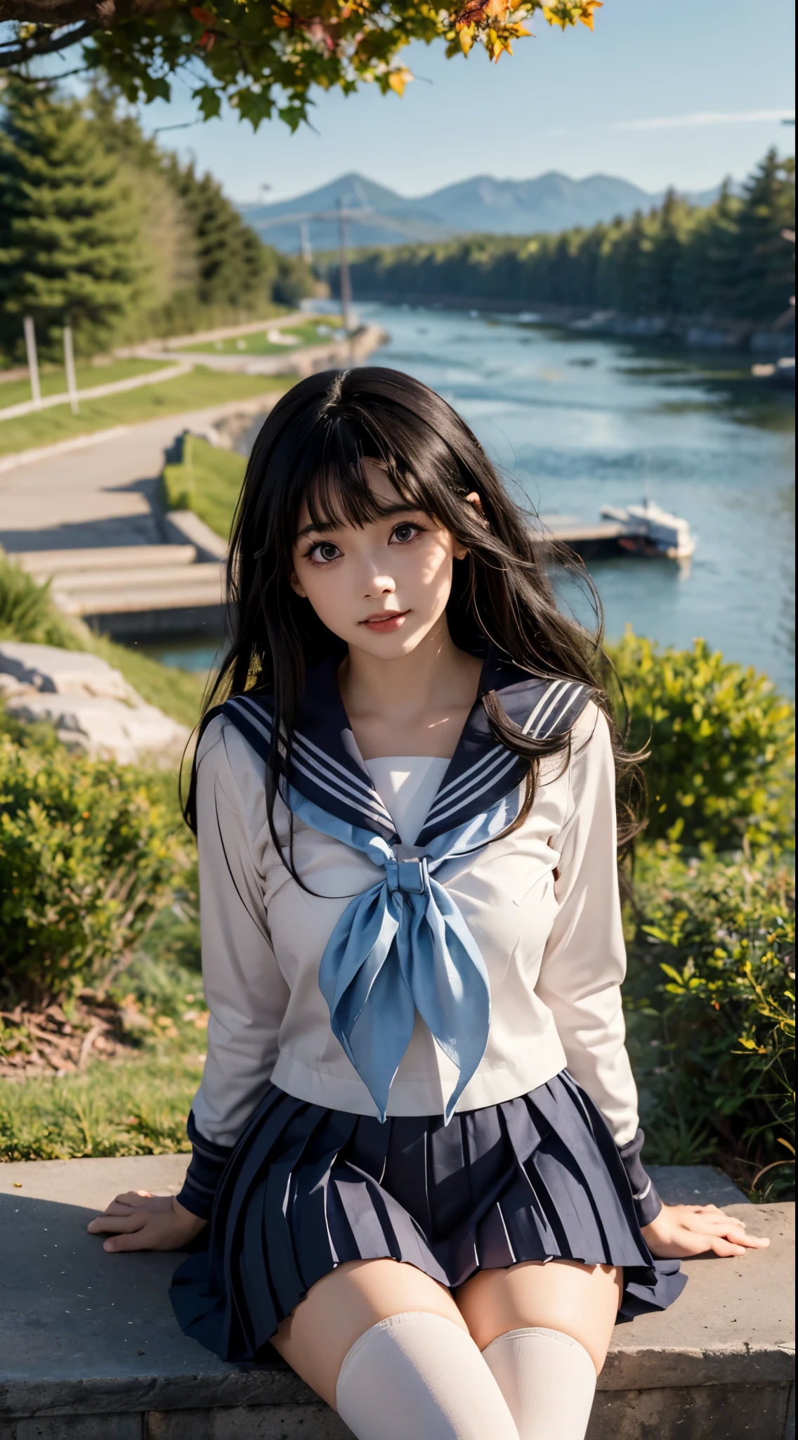 Landscape of a very beautiful woman, (((front focus))), dutch angle, (((low angle)))!!!, (((background Blurry))), Bokeh, lens flare, photography with Fujifilm XT3, depth of field, film grain, female focus, (((face exposed)))!!!, BREAK, Chitanda Eru/(Hyouka/), anime style, (((sitting down at the stone stairs under mapple tree)))!!!, (((red mapple leaves are falling))), beside the river, (((wind-swept hair)))!!!, (((looks at the audience)))!!!, Ultra detailed eyes, Beautiful light purple iris like amethyst :1.40, Stars in her fixed eyes, (homochromatic eyes)!!!, stunning smile, long sleevemouth, (((thin fresh peach lips)))!!!, (Blush)!!, Perfect nose, Cute little nose, Earrings, beatiful face, Face Clean, realistic Skin, hyper realistic, Perfect eyebrow appear through black hair, black hair between eyes, black hair bangs, (ultra shine black hair)!!, (thick straight black hair)!!, (((((wind swept hair)))))!!+!!, ((dynamic composition)), BREAK, detached sleeves, medium breasts, /(((wear original costume of chitanda eru/)))!!!, (((white school uniform_black sailor collar_black pleated skirt)))!!!, close shoulders, slim legs, ((open skirt))!!, ((open smooth thight))!!, ((thighhighs))!!, white stocking, vivid color clothes, detailed realistic clothes, BREAK, Best Quality, Masterpiece, Ultra-detailed, Beautiful, hight resolution, Original, CG 8K, perfect photo, dramatic lighting, Beautiful lighting, (Realistic fantasy art), Realistic, Full HD, Best Quality, award winning, (8k wallpaper of extremely detailed CG unit), High Details, sharp-focus, The art of dramatic and photorealistic painting, ((beside the river bank)), dynamic composition, breathtaking rendering, strong color, deep shadow