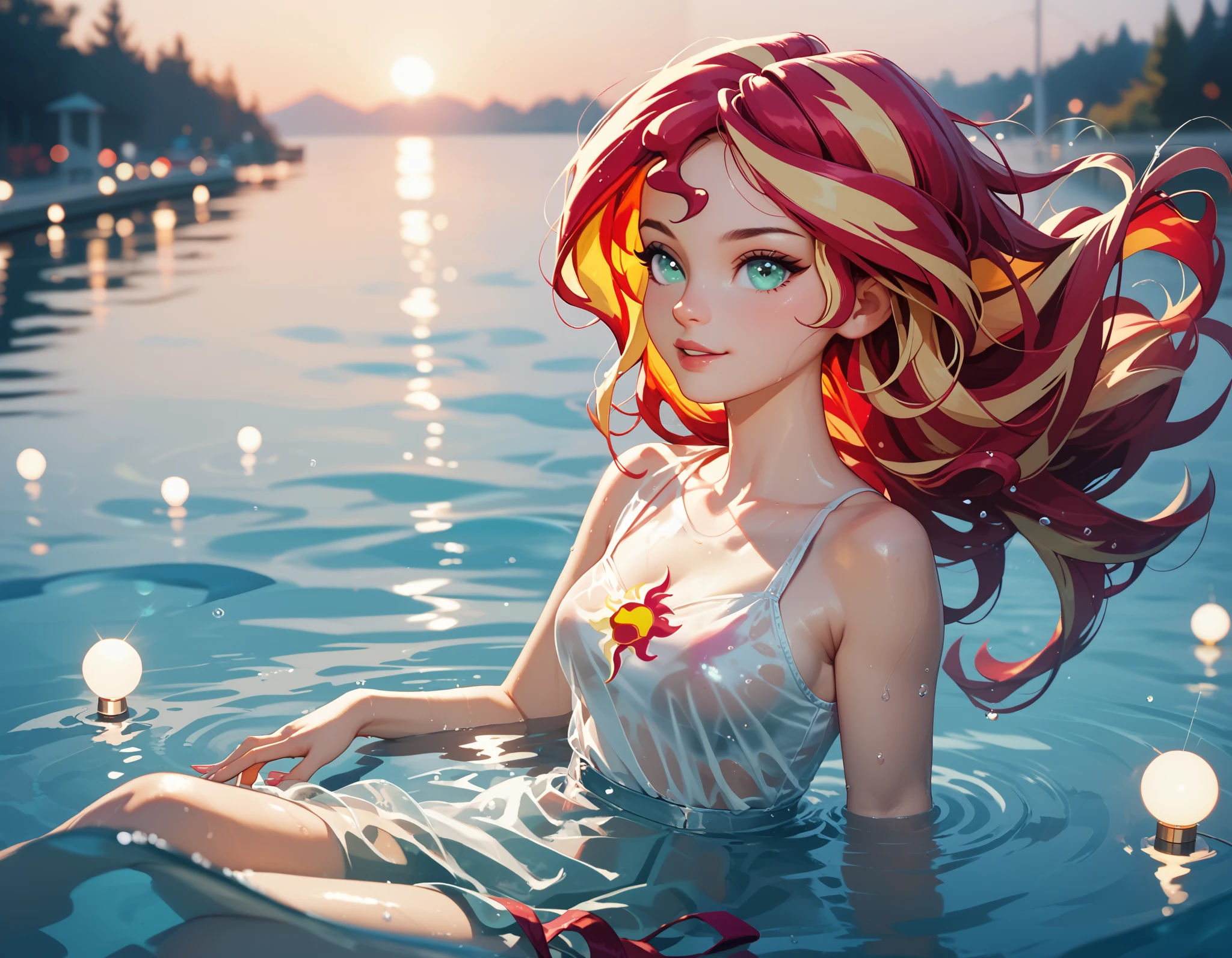 Sunset shimmer, wrapped in long billowing red see-through fabric, floating submerged in water in a tank, bright lights,