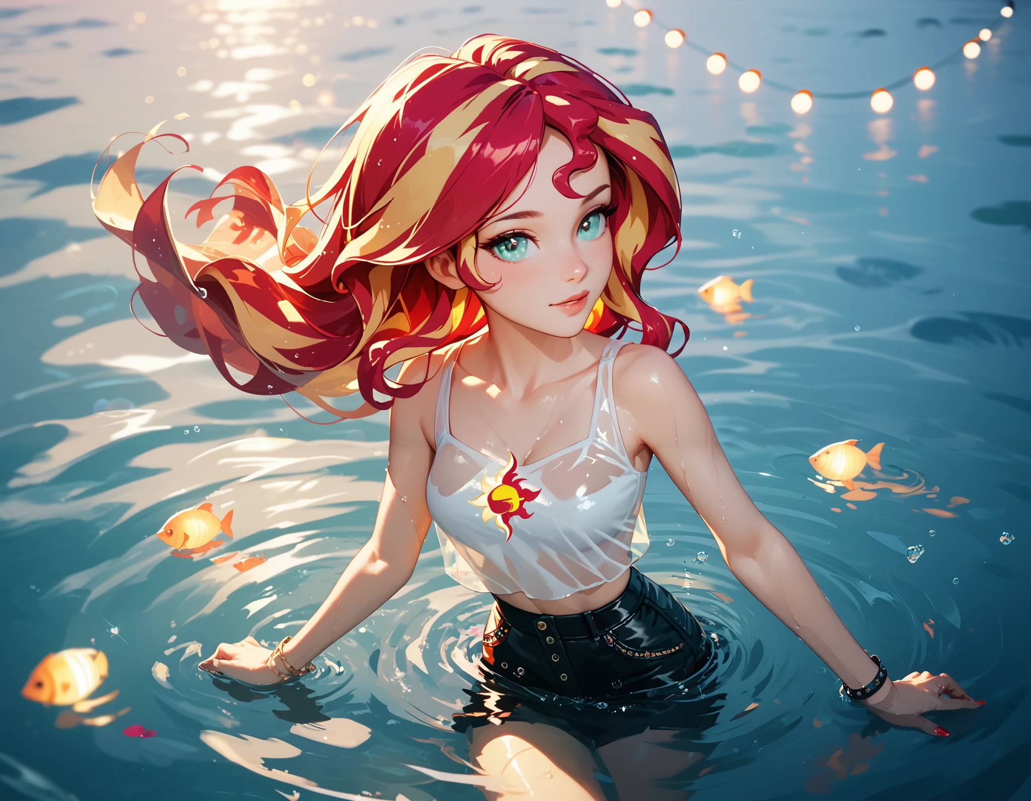Sunset shimmer, wrapped in long billowing red see-through fabric, floating submerged in water in a tank, bright lights,