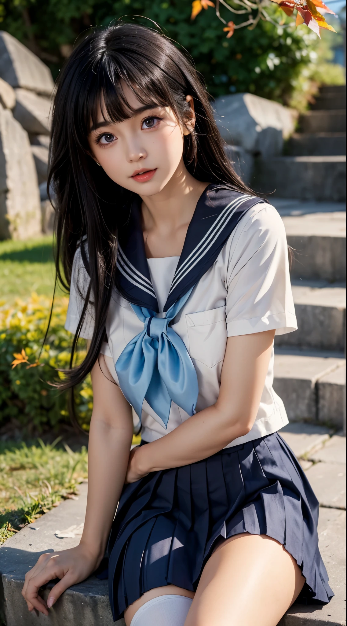 Landscape of a very beautiful woman, (((front focus))), dutch angle, (((low angle)))!!!, (((background Blurry))), Bokeh, lens flare, photography with Fujifilm XT3, depth of field, film grain, female focus, (((face exposed)))!!!, BREAK, Chitanda Eru/(Hyouka/), anime style, (((sit down at the stone stairs under mapple tree)))!!!, (((red mapple leaves are falling))), beside the river, (((wind-swept hair)))!!!, (((looks at the audience)))!!!, Ultra detailed eyes, Beautiful light purple iris like amethyst :1.40, Stars in her fixed eyes, (homochromatic eyes)!!!, stunning smile, long sleevemouth, (((thin fresh peach lips)))!!!, (Blush)!!, Perfect nose, Cute little nose, Earrings, beatiful face, Face Clean, realistic Skin, hyper realistic, Perfect eyebrow appear through black hair, black hair between eyes, black hair bangs, (ultra shine black hair)!!, (thick straight black hair)!!, (((((wind swept hair)))))!!!!, ((dynamic composition)), BREAK, detached sleeves, plump breasts, /(((wear original costume of chitanda eru/)))!!!, (((white school uniform_black sailor collar_short sleeves_black pleated skirt)))!!!, close shoulders, slim legs, ((open skirt))!!, ((open smooth thight))!!, ((thighhighs))!!, white stocking, vivid color clothes, detailed realistic clothes, BREAK, Best Quality, Masterpiece, Ultra-detailed, Beautiful, hight resolution, Original, CG 8K, perfect photo, dramatic lighting, Beautiful lighting, (Realistic fantasy art), Realistic, Full HD, Best Quality, award winning, (8k wallpaper of extremely detailed CG unit), High Details, sharp-focus, The art of dramatic and photorealistic painting, ((beside the river bank)), dynamic composition, breathtaking rendering, strong color, deep shadow