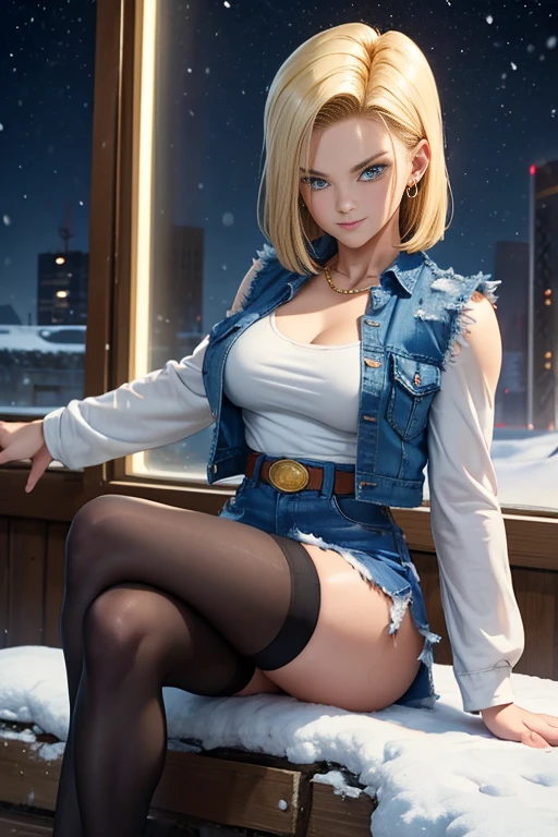 (cowboyshot: 1.2), (android_18, and18(dragonball z), (finely detailed beautiful eyes and detailed face), (Face through thighs: 1.4), (Knee shot: 1.2), Blonde hair, Solo, Lady, (Beautiful background), :), Dynamic Angle, Blue eyes, Bright face, Sunlight, (Bright face: 1.2), Extremely wide hips, Very thick thighs, Full body shot, Solo, Blonde hair,  Blue eyes, Short hair, earrings, Jewelry, Denim Vest, open vest, (Black shirt), Denim skirt, (long striped sleeves), Blue skirt, Brown Cowboy Boots