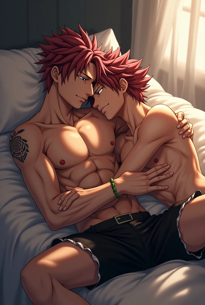 2boy ,gay couple,Natsu Dragneel and Gray Fullbuster kissing, ((upper body)), passionate blushing, desert background, muscular body with washboard abs and pecs with pink , sweating bodies and rugged rms and legs, holding waist embracing, arms embracing, necklace, ((good hands:1.2))