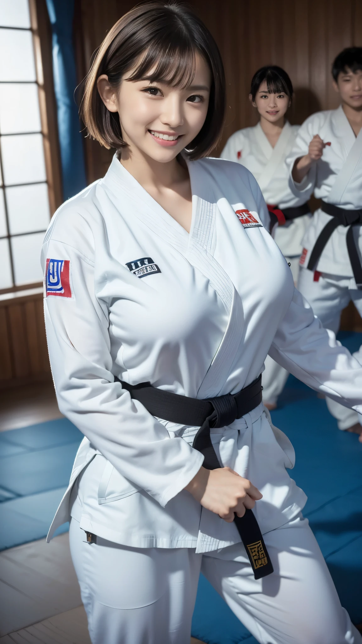  best quality ,masterpiece,Ultra high resolution, high definition RAW color photo , professional photography, natural skin texture , fine skin, Hyperrealism, smiles,gigantic breasts, dark blonde short bob hair,(Judo athlete, white judo suit ,black belt ),(Judo Hall), Shrimp(fighting stance,(Kumite,2 women go head-to-head )), erect nipples