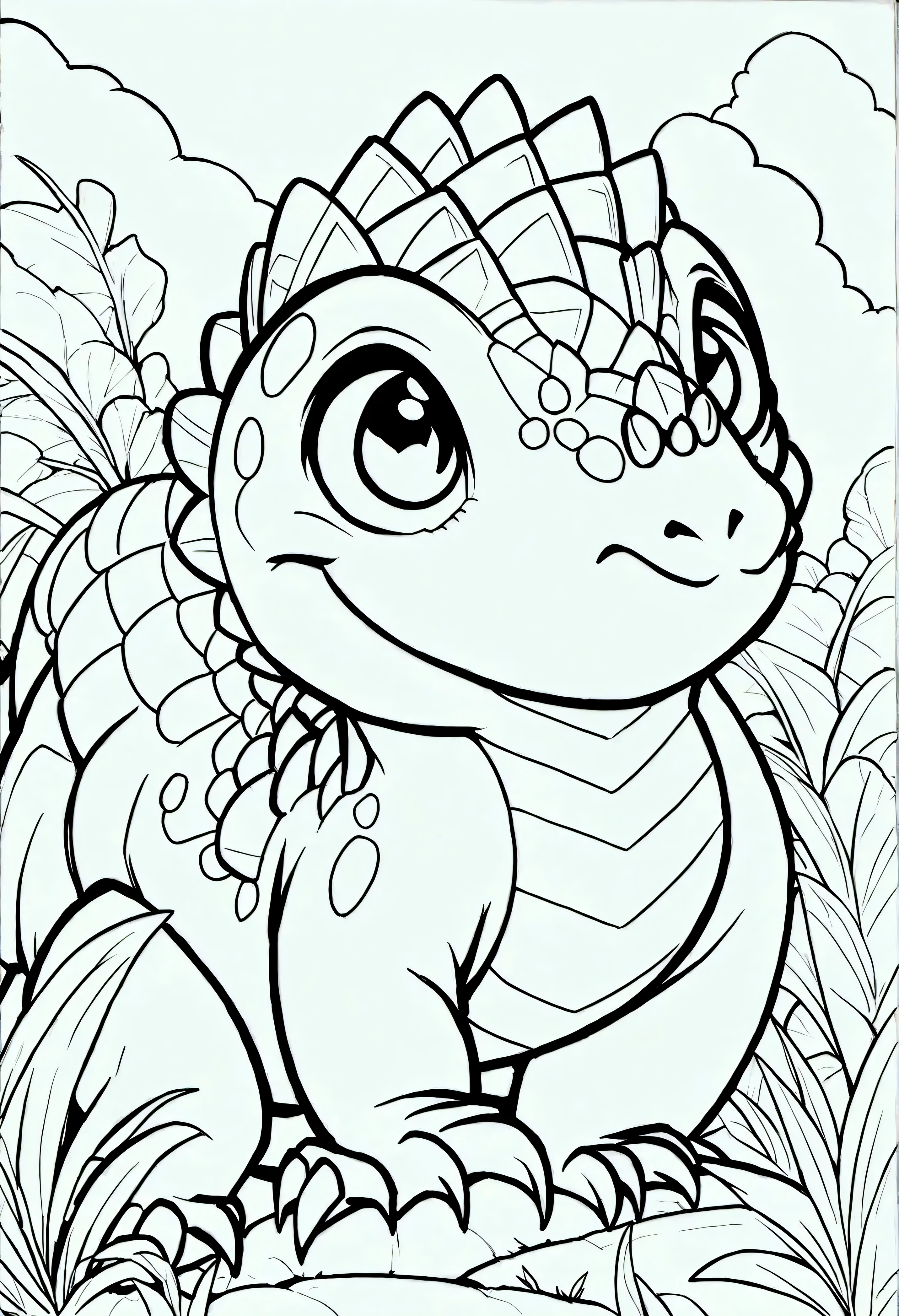 ((b& w line drawing )), ((2D)), cute dinosaur Disney style , magic , mysterious in another dimension, rare , black and white , , realistic line drawing , Coloring book, white background , noiseless , crunchy, Thick lines, ((( outline chart )), 【bildmitte, isolated on white background --v 4 - -ar2